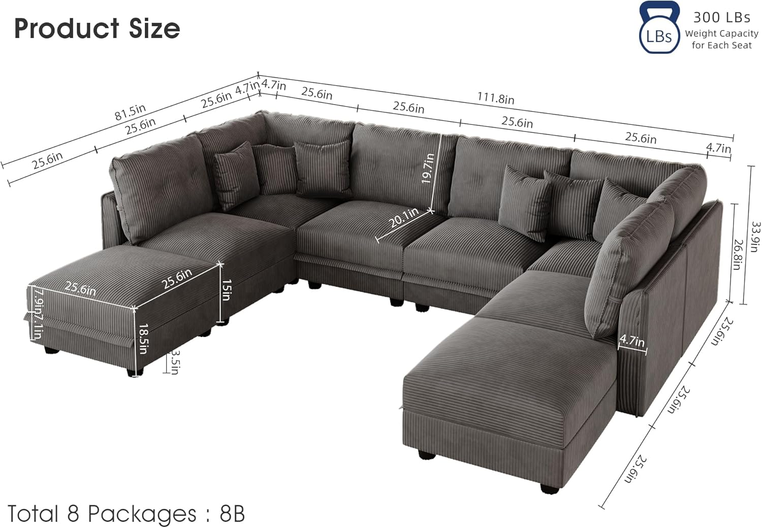 LLappuil Plush Corduroy Storage Modular Sectional Sofa | U Shaped Couch, 8-Seater, 8 Throw Pillows, Free Combination, Grey Couch