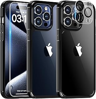 TAURI for iPhone 15 Pro Max Case, [5 in 1] 1X Clear Case [Not-Yellowing] with 2X Tempered Glass Screen Protector + 2X Camera Lens Protector, [Militarized Drop Defense] Slim Phone Case 6.7 inch, Black