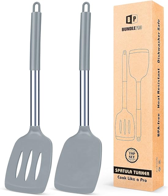 Pack of 2 Silicone Solid Turner ,Non Stick Slotted Kitchen Spatulas ,High Heat Resistant BPA Free Cooking Utensils ,Ideal Cookware for Fish ,Eggs ,Pancakes (Gray)