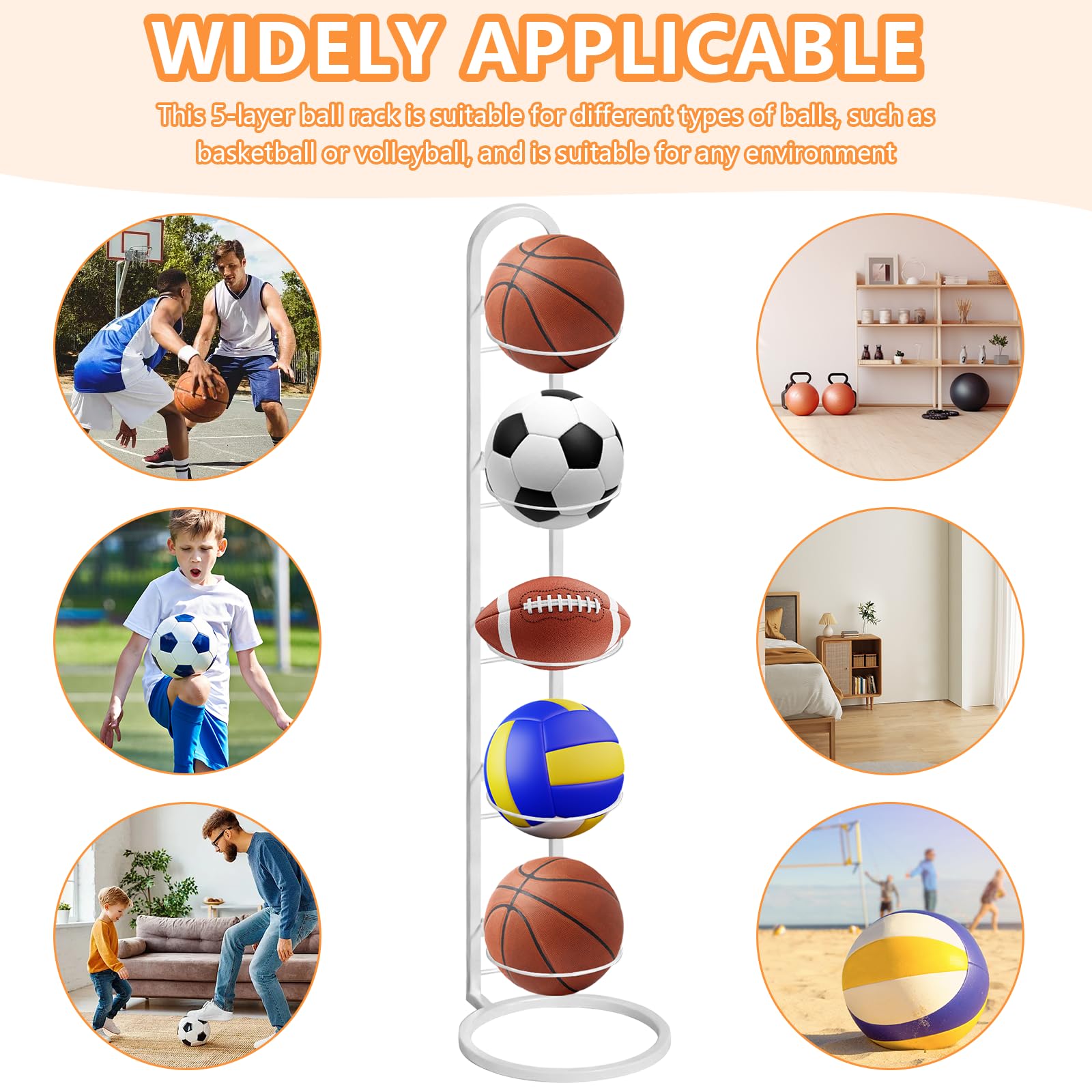 Support Ballon Basket 5 Niveaux en Métal Blanc,Porte Ballon Amovible pour Football/Basket/Volley - Organisation Garage & Équipement Sportif - Casier de Rangement de Balles
