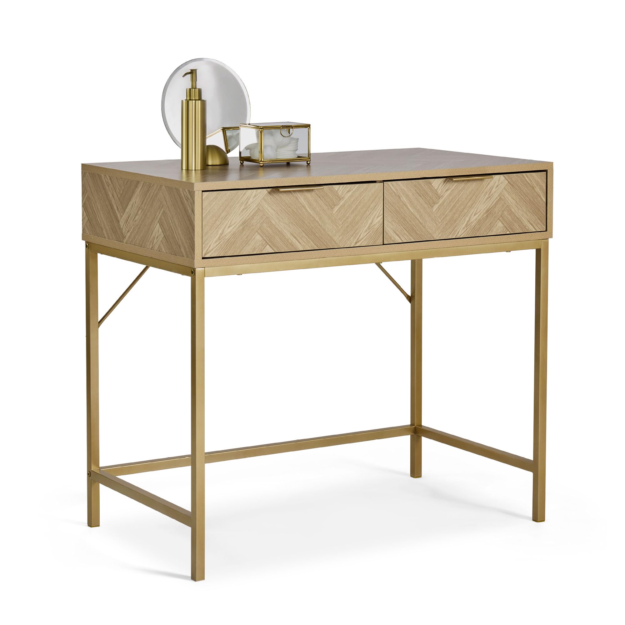 VonHaus Dressing Table for Bedroom - Herringbone 2 Drawer Vanity Desk with Gold Handles & Legs - Modern Scandi Makeup Desk for Dressing Room - Light Wood Effect Vanity Table - Ducie