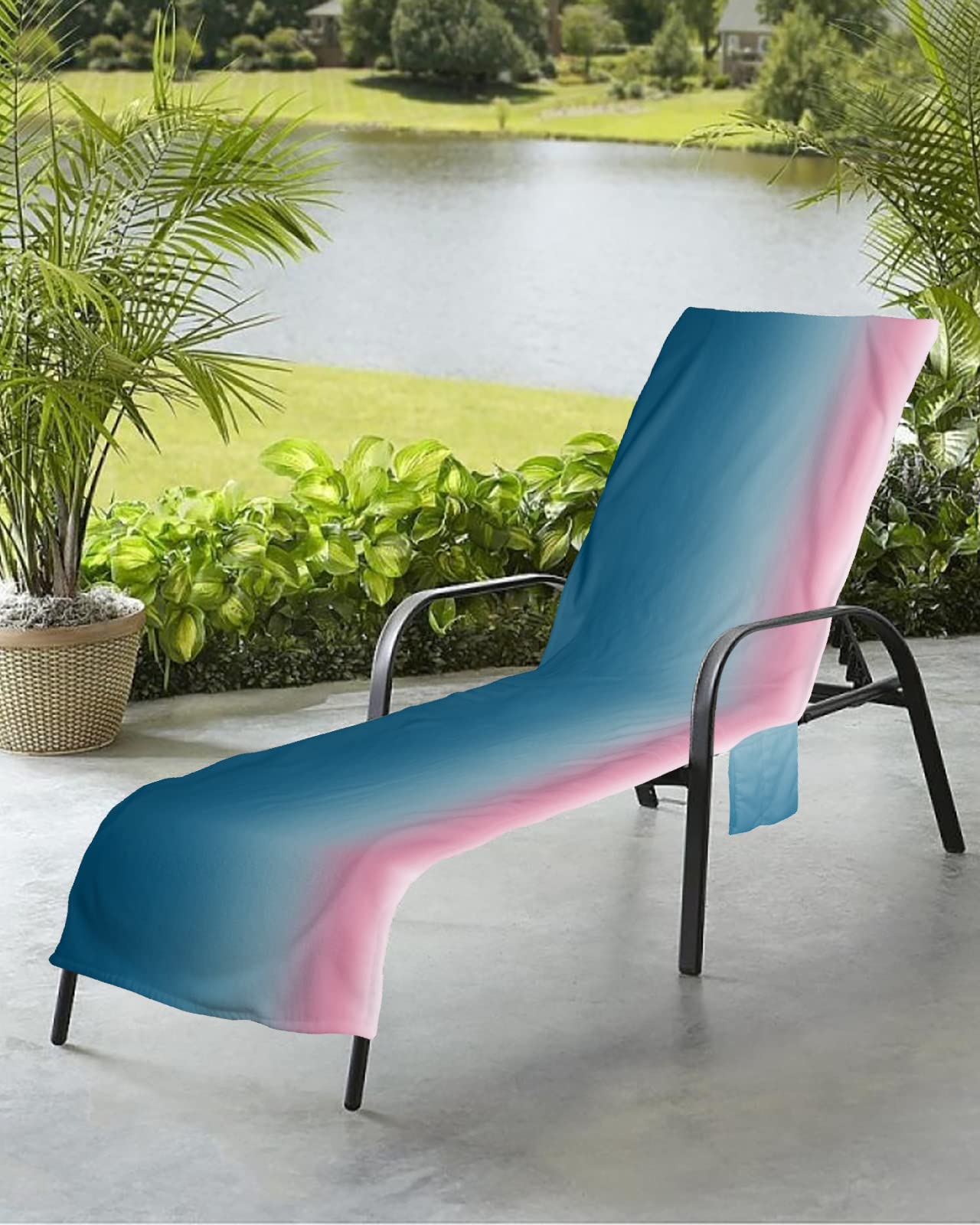 Minimalist Multi Beach Chair Towel Covers for Chaise Lounge with Side Pocket, Soft Plush Pool Towels Cover for Patio Sunbathing Outdoor 29''x85'' Gradient Blue Pink Abstract Aesthetics