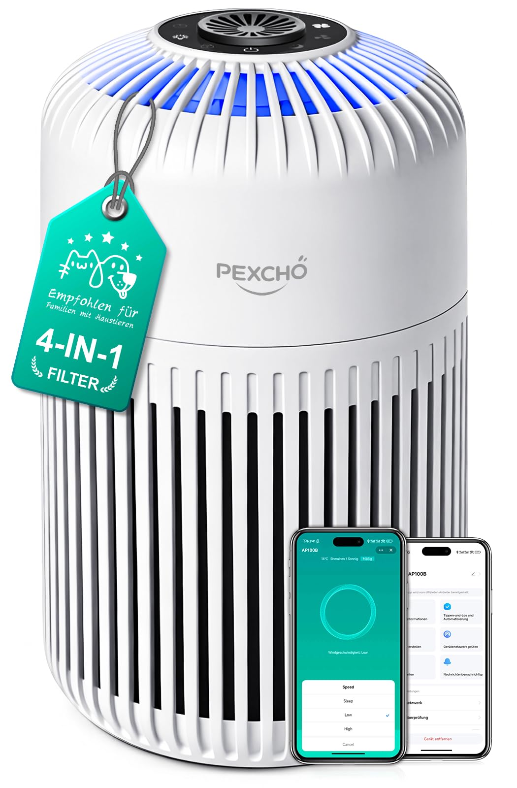 PEXCHO Luftreiniger Allergiker, 4-in-1 HEPA Filter, bis 35㎡ Aroma | App-Steuerung, Timer, 12W Aktivkohle Luftfilter entfernt 99,97% Allergene, Pollen, Tierhaare und Gerüche, Nachtlich leise