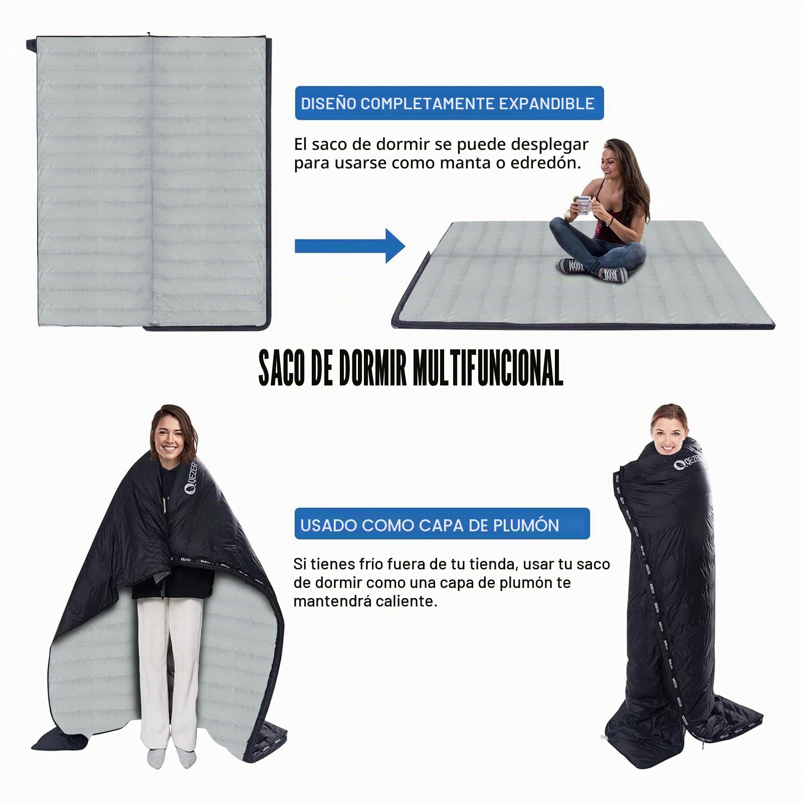 Saco de Dormir Plumón Invierno 1000g - 3 en 1, Diseño de Cámaras Térmicas sin Capucha, Compresión 40x21cm (Camping/Senderismo) - Conectable para Parejas