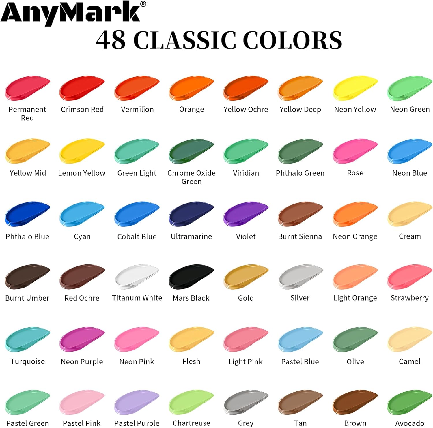 AnyMark Acrylic Paint Set, 48 Classic Colors with 12 Brushes, 2 fl oz/60ml Bottles, Art kit Painting Supplies for Kids Adults Canvas, Rock, Wood