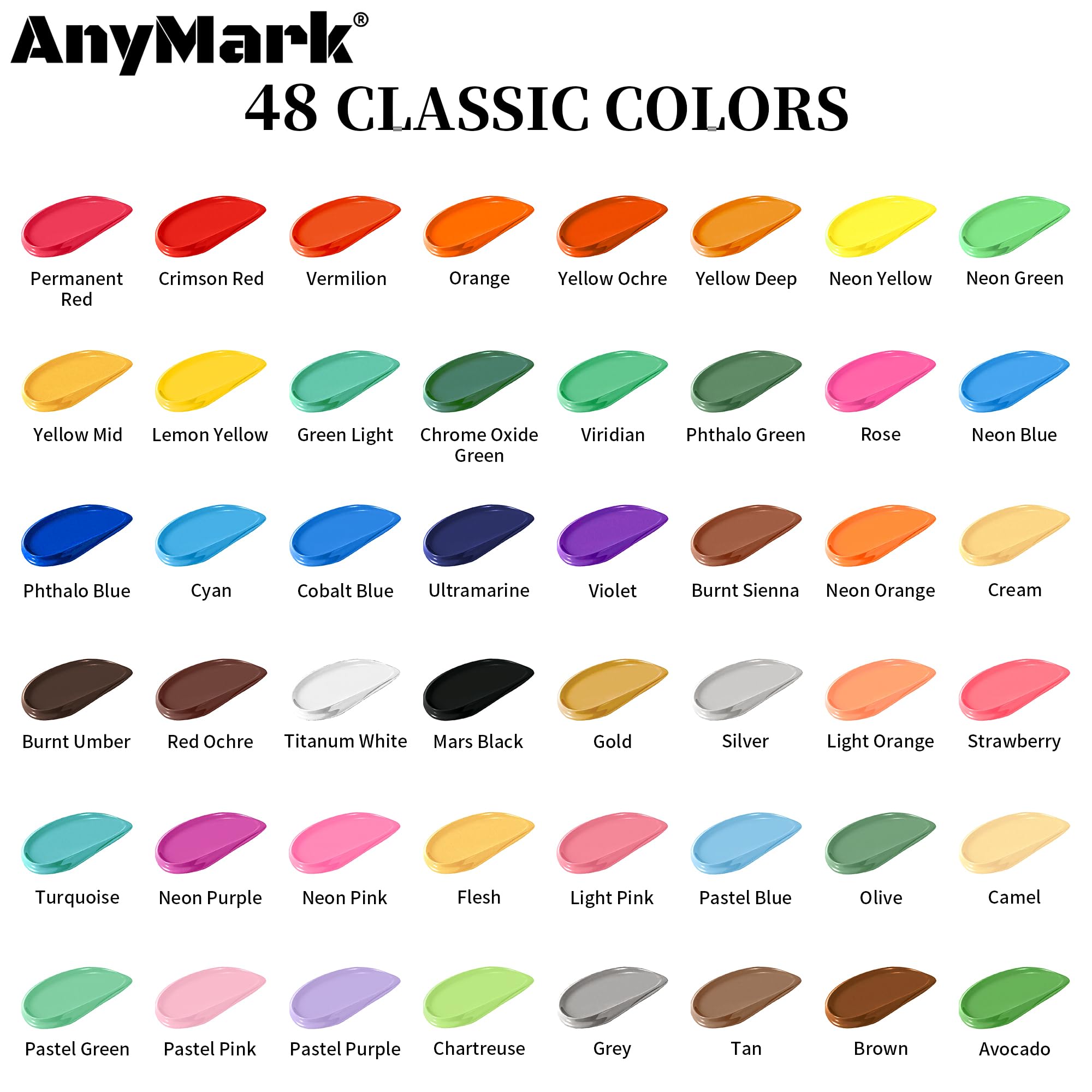 AnyMark Vernice Acrilica Classica, Set di 48 Colori Brillanti | Colori Acrilici per Adulti e Artisti, Vernice Multi-Superficie per Tessuto, Tela, Artigianato e Vetro, 60 ml (2 oz)
