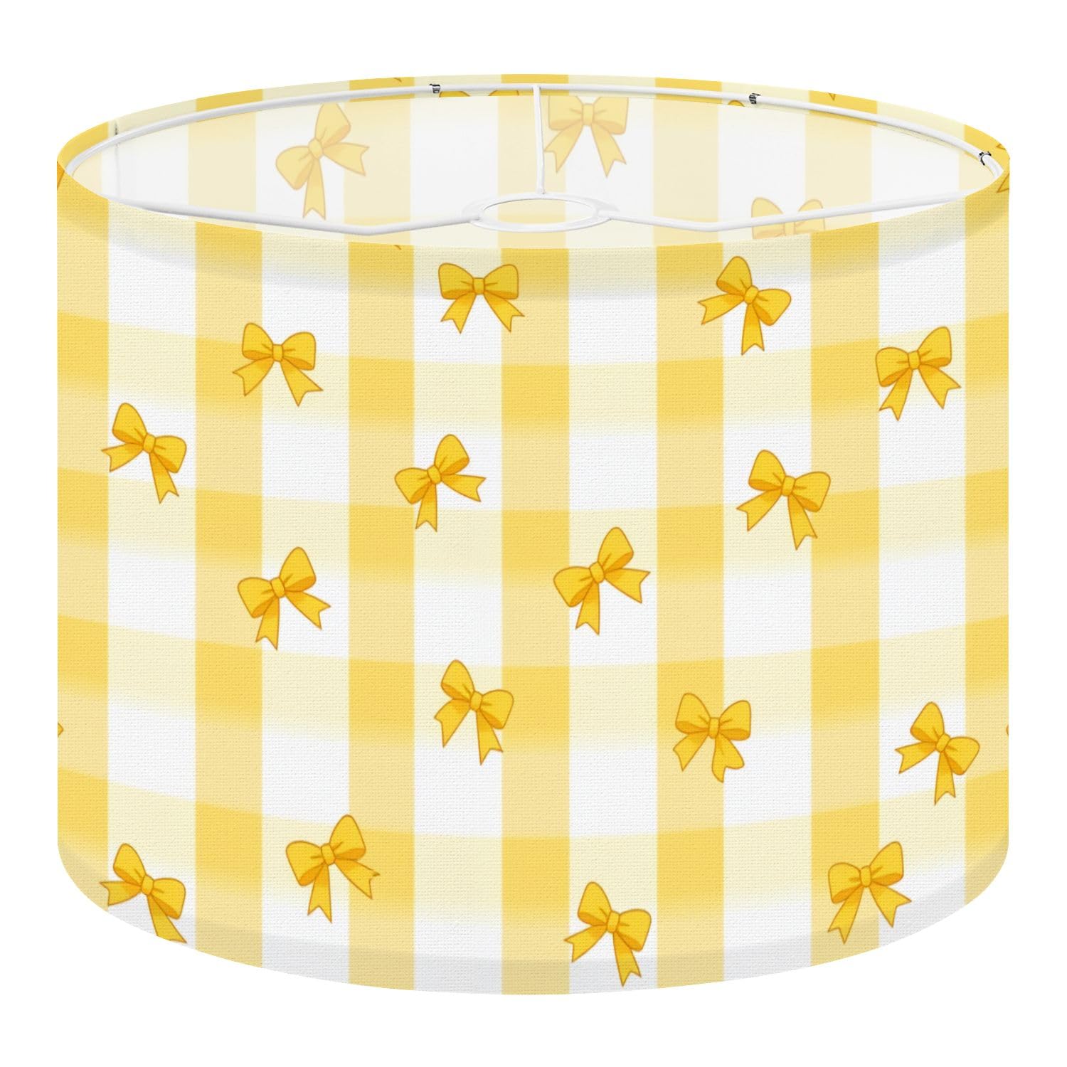 Fabric Round Drum Lamp Shade Yellow Bow Soft Checkered Vintage Medium Linen Decorative Assembly Replacement Lampshades 13inch Set of 1 for Table Lamps, Floor Lamps,Ceiling Lamp