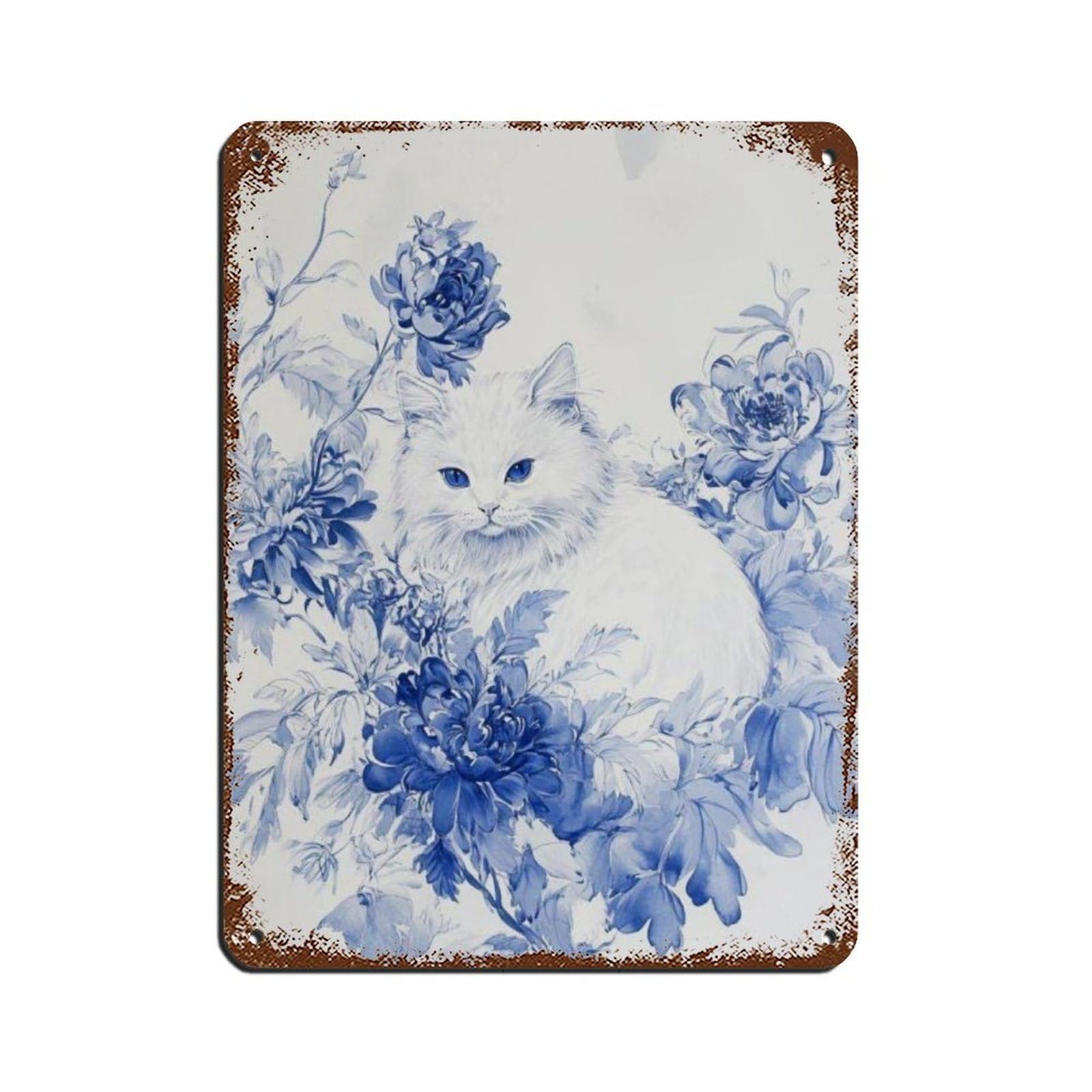 Lxwnze 30L X 40W Cm Schattige Witte Kat Met Blauwe Bloemen Poster Tin Sign Vintage Metal Pub Club Cafe Bar Home Wall Art Decoration Poster Retro 12X16inch(30X40cm)