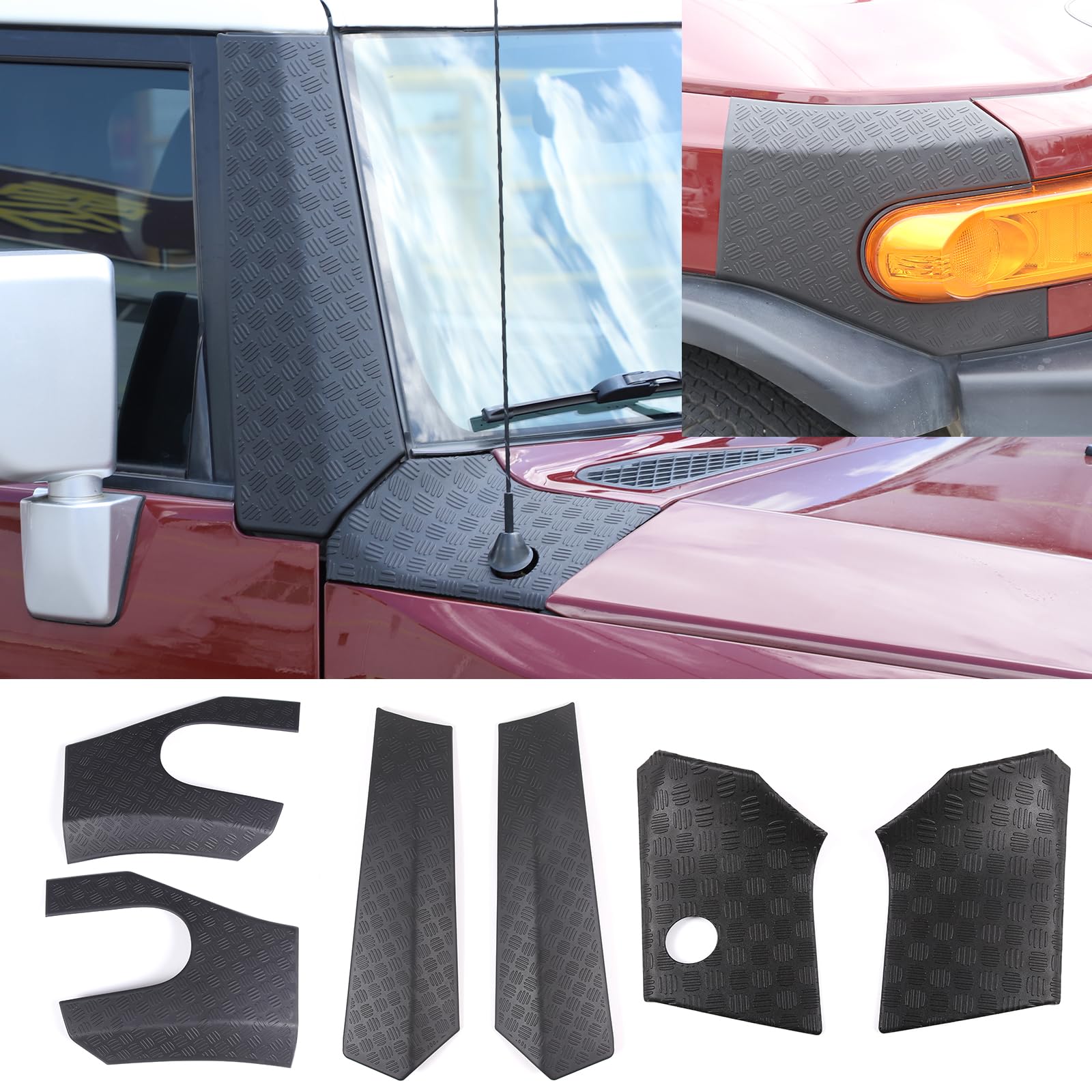 LLKUANG Car Black Cowl Body Armor Outer Cowl Covers Side Corner Guards for Toyota FJ Cruiser 2007-2021,Headlight ABS Hood Side Trim Panel-1 Pair (Combination-6PCS)