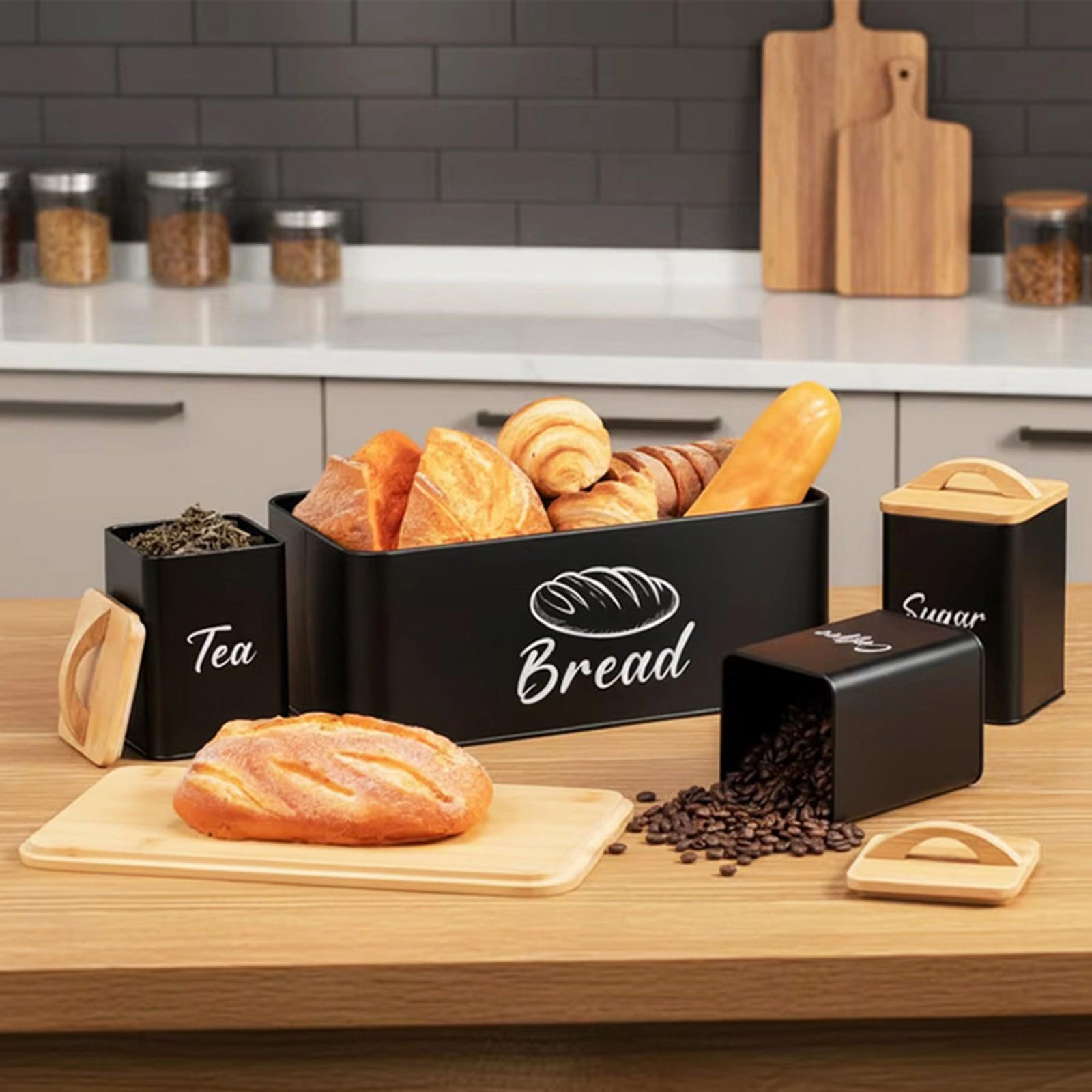 4 Vorratsdosen aus Holz und Edelstahl für Kaffee, Zucker, Brot mit luftdichtem Verschluss, moderne Küchen, Aufbewahrungsdosen für Kaffee, Zucker, Brot