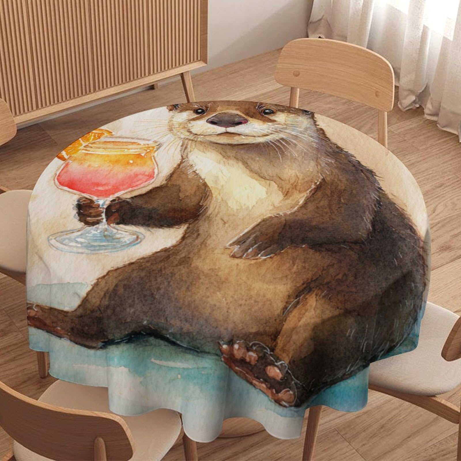 LUYYSKY Cute Realistic Otters Round Tablecloth Rustic Aesthetic Summer Ocean Animals Otters Pattern Washable Decor for Table Cover for Kitchen-70 Wx70 L