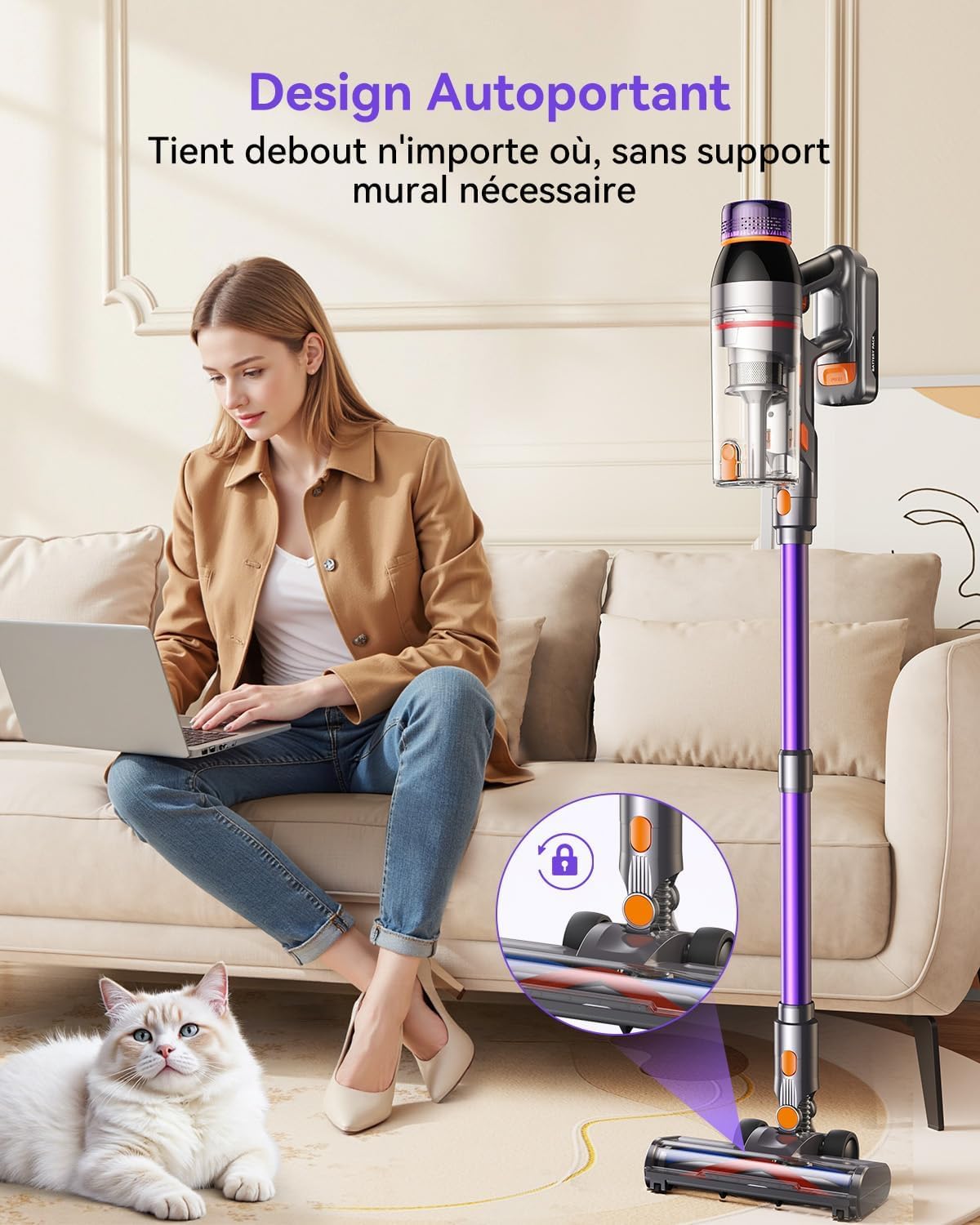 550W /45KPa Aspirateur Balai Sans Fil, 60 Min d’Autonomie avec Mode Auto, Aspirateur Sans Fil Puissant Autoportant avec Support Mural pour Tapis, Sols Durs & Poils d’Animaux – Bac à Poussiè（Violet）