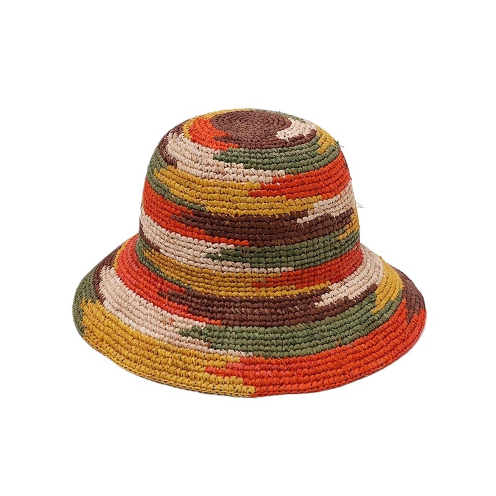 Generico Cappello di Paglia Lafite Mimetico, Cappello da Sole a Blocchi di Colore per Donna, Cappello da Bacino Estivo Casual all'Uncinetto