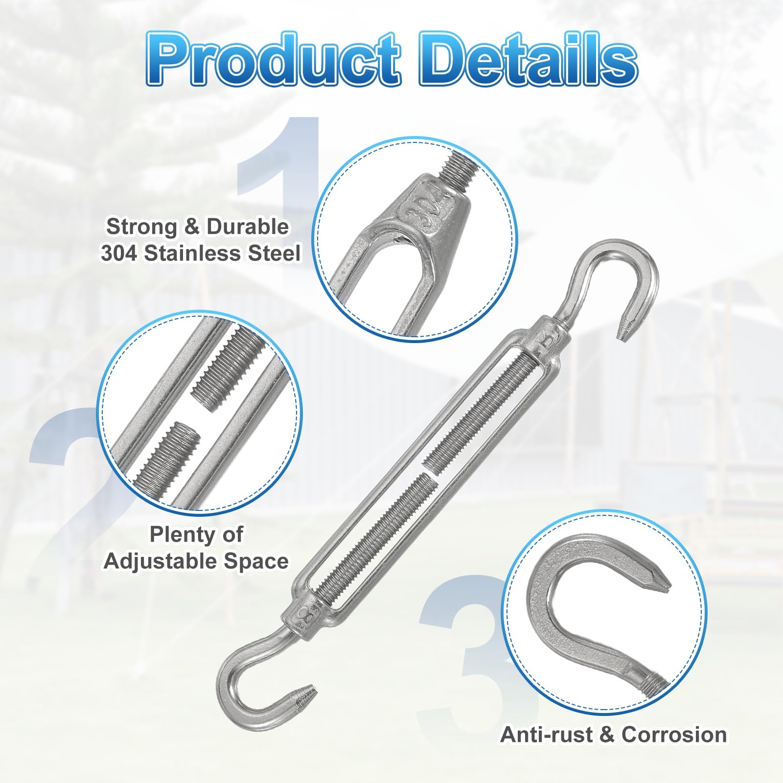 uxcell Lot de 4 tendeurs à crochet M8 en acier inoxydable 304, tendeurs réglables pour câbles, voile d'ombrage, corde à linge, tension de corde, argenté
