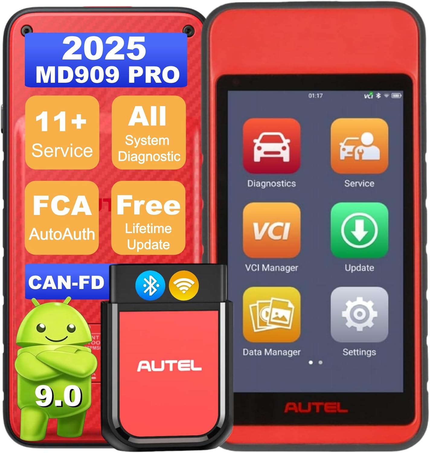 Autel MaxiDiag MD909 Pro OBD2 Scanner with its wireless VCI module and main unit displaying the home screen.