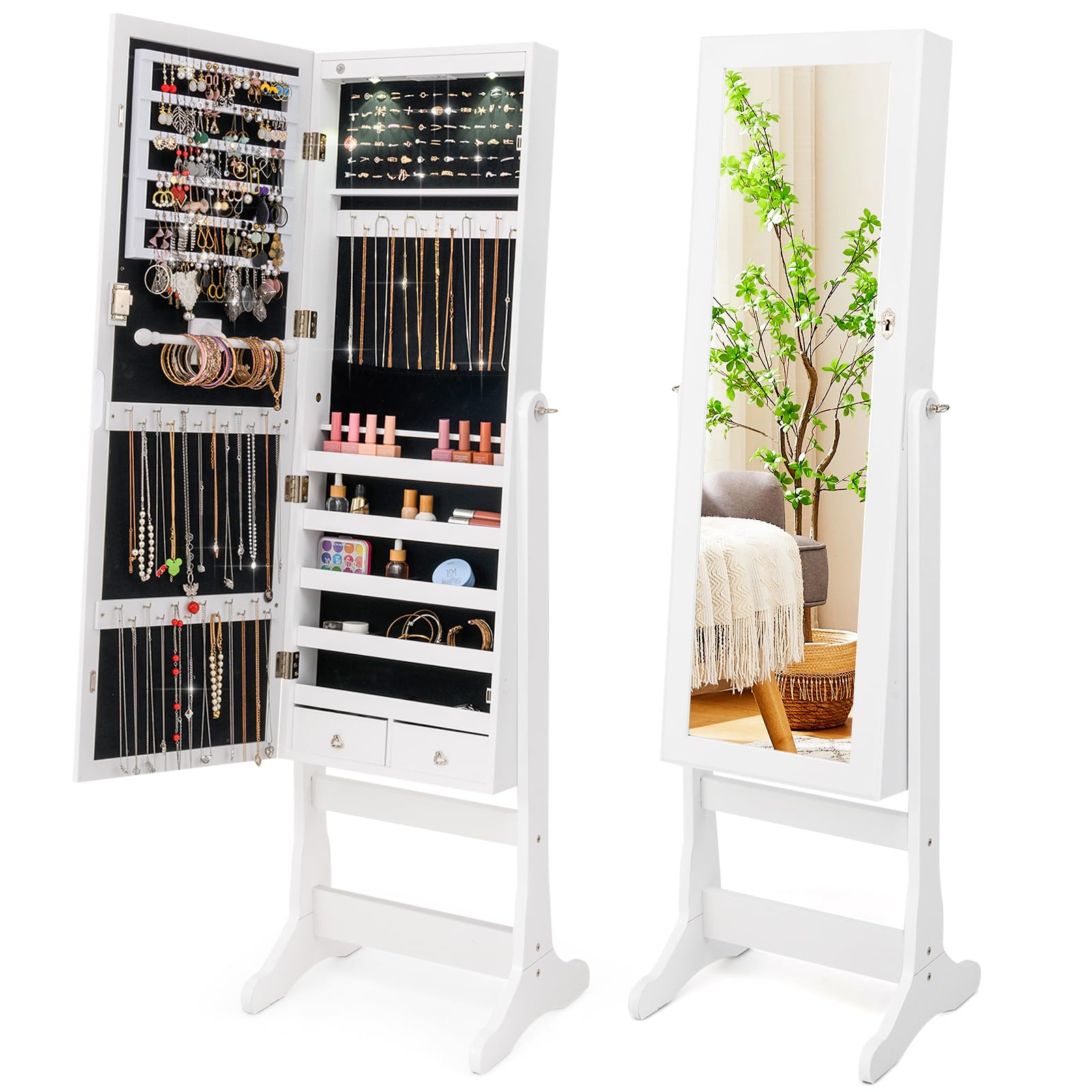 LOKO Freestanding Jewelry Armoire Cabinet, Lockable Jewelry Organizer with Full-length Mirror, Inner LED Lights, 4 Adjustable Tilt Angles, Anti-toppling Device, for Girls Women (White)