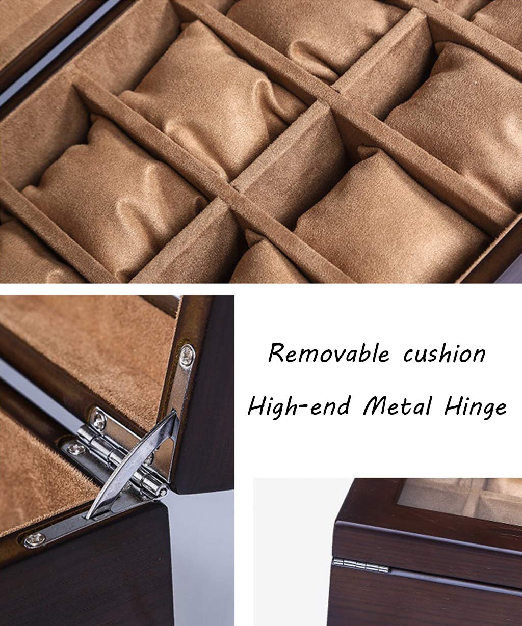 MUSUMI Caja de reloj de Madera con 10 ranuras Caja de almacenamiento de exhibición de joyería con tapa de vidrio y caja de Regalo de almohada de almacenamiento extraíble para Hombres y Mujeres