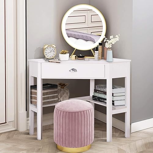 Miniatura 2 de KOTEK Escritorio esquinero con cajón y estantes, escritorio de madera para oficina en casa, escritorio de computadora triangular, escritorio de