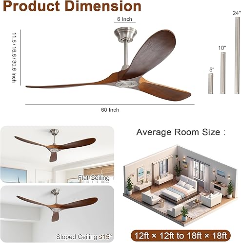 Miniatura 2 de Sofucor - Ventilador de techo sin luces y con control remoto, de 60 pulgadas, con 3 aspas y motor CC reversible y silencioso, para exteriores o para