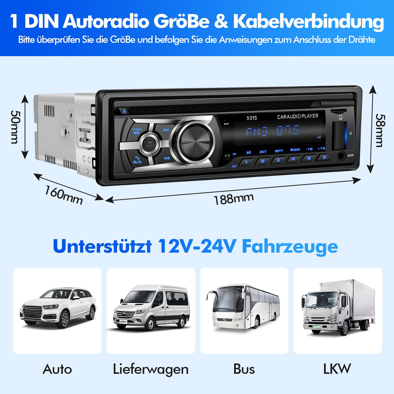 Autoradio mit CD Bluetooth Freisprecheinrichtung, Bluetooth 1 Din Autoradio USB/TF/ MP3 Player/AUX in,FM/AM Auto Radio,RDS,RCA,Auto Finden Funktion,60W*4,Schnellladefunktion