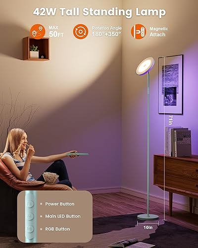 Miniatura 3 de WOWLUMEN Lámpara de pie brillante para sala de estar, luces LED de habitación de 42 W con control remoto, 3700 lm RGBW moderna luz de pie alta,