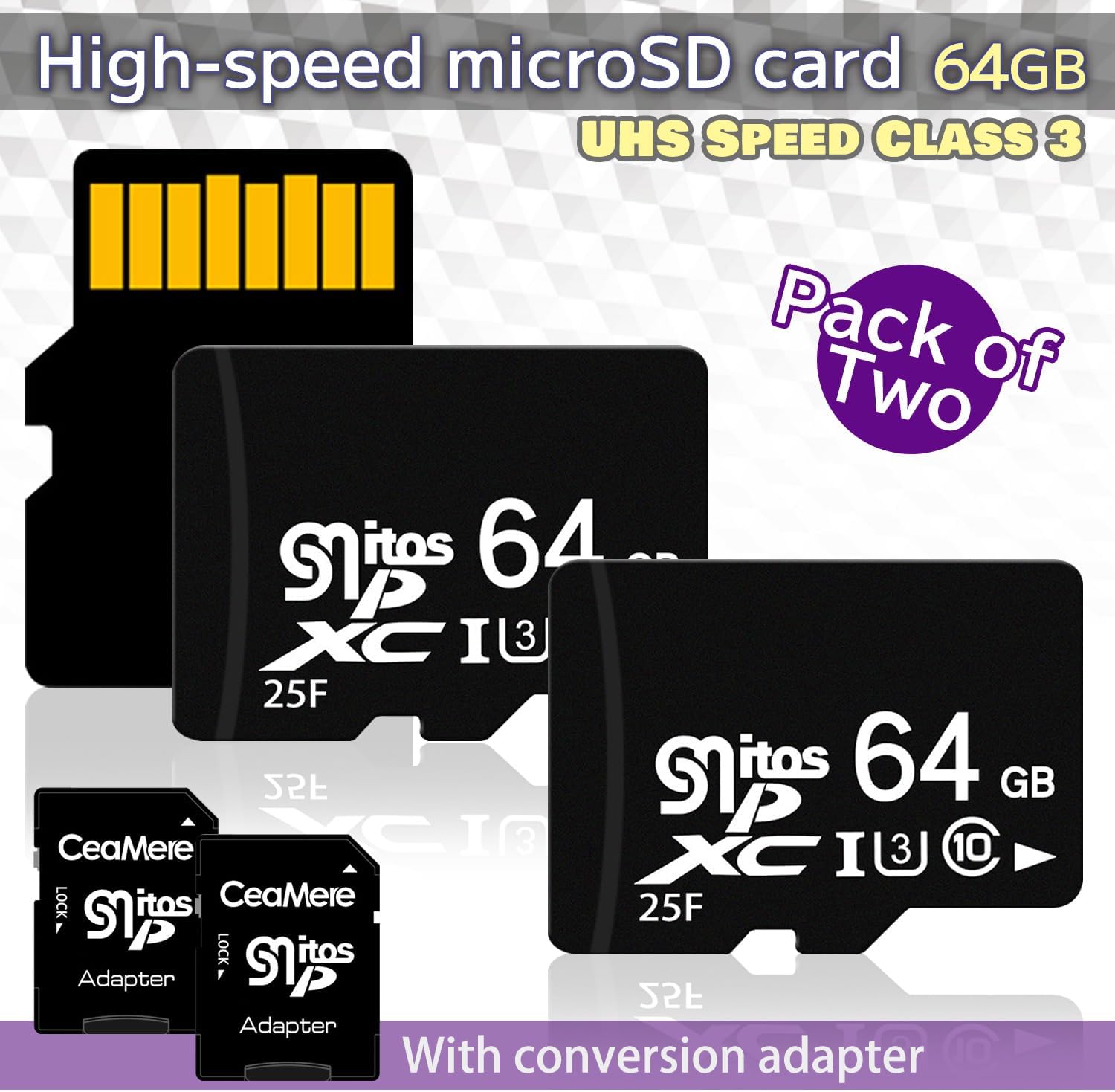[2-Pack] 64GB microSD Cards with SD Adapters – U3 Class 10, High-Speed Memory for 4K Video, Mobile Devices, Action Cameras, Game Consoles, Drones thumbnail