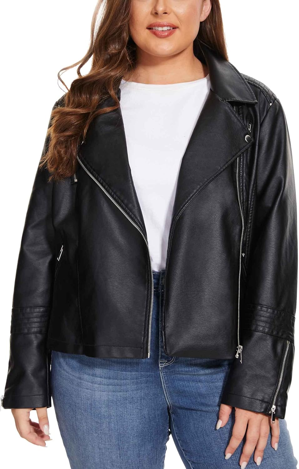 Fahsyee Women's Faux Leather Jackets, Zip Up Motorcycle Short PU Moto Biker Outwear Fitted Plus Size Coat