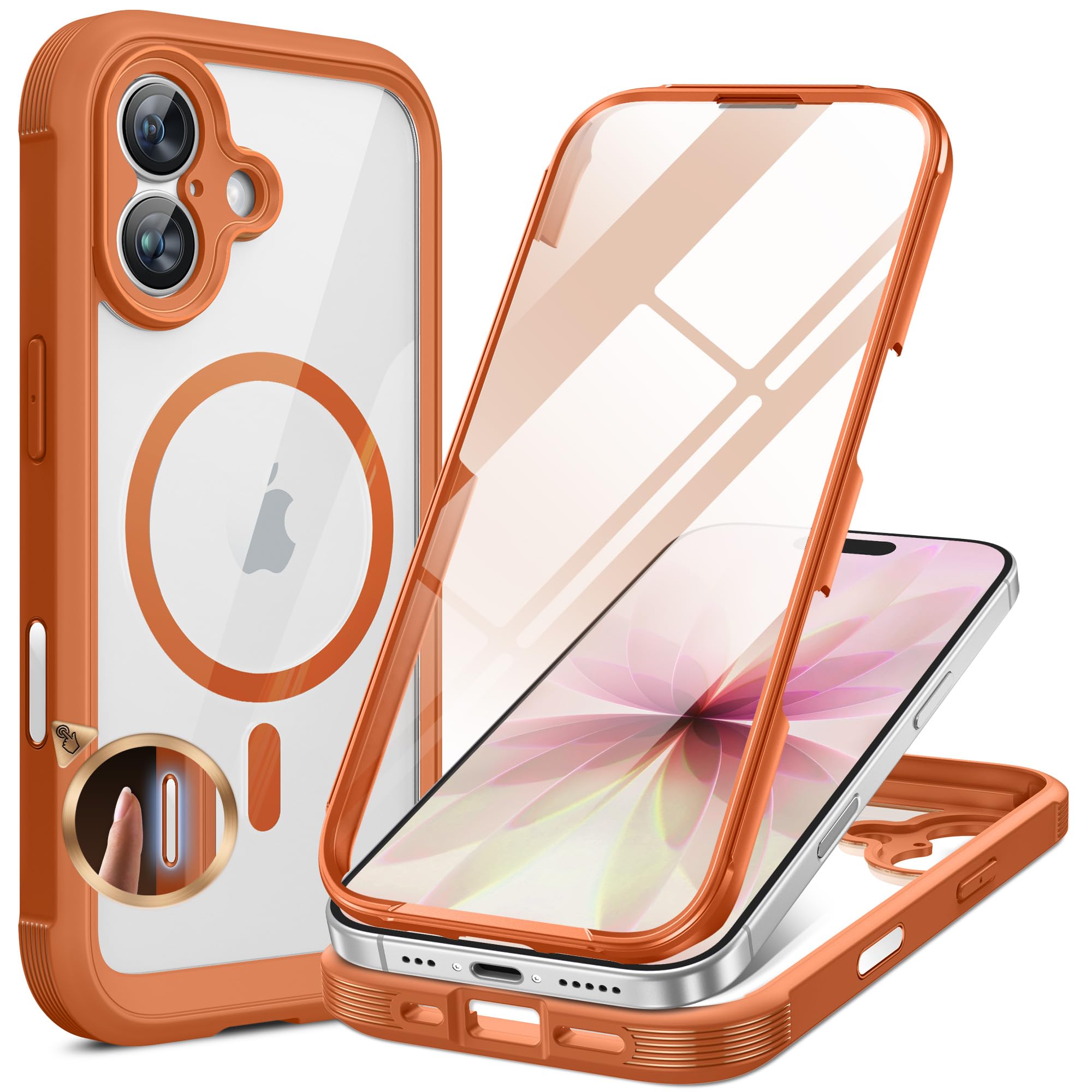 Miracase for iPhone 16 Case 6.1'', Full-Body Bumper Phone case with Built-in Full Glass Screen &amp;Camera Control,No Gap,Compatible with MagSafe,Drop Proof 16 Cover,Orange