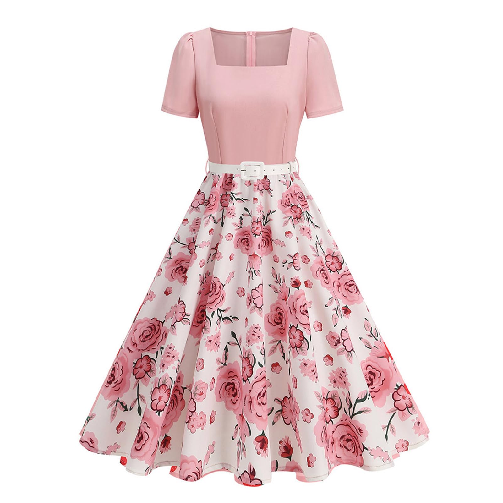 Robe de style années 50 pour femme - Style vintage - Manches courtes bouffantes - Col carré - Robe de cocktail avec ceinture