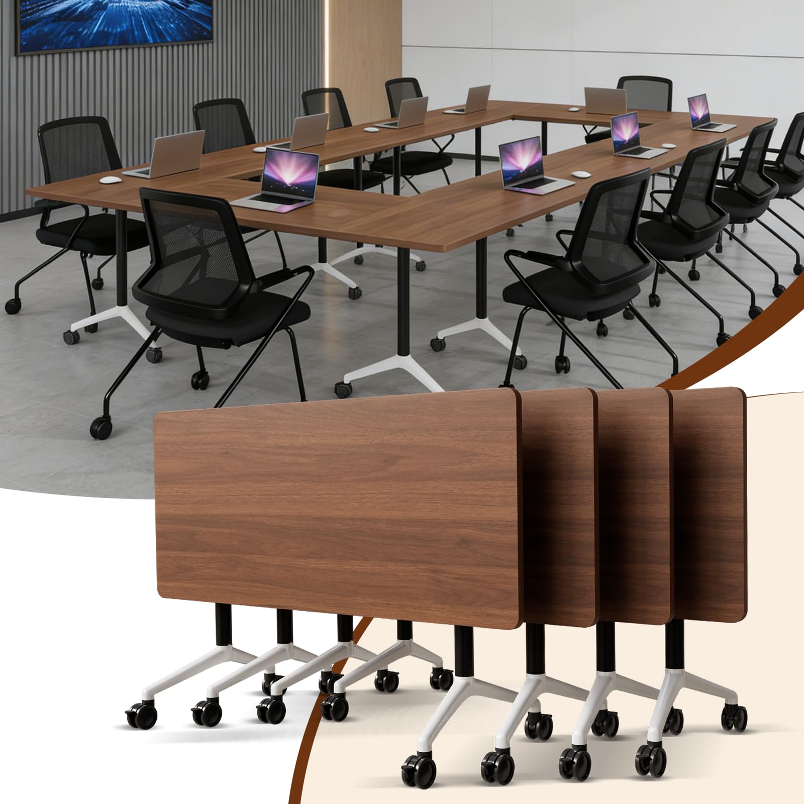 Folding Conference Tables,Flip Top Conference Room Table Mobile Training Tables for 8-10 People,Meeting Table with Silent Wheels for Office Seminar Classroom Tables(10,Walnut,62.9in)