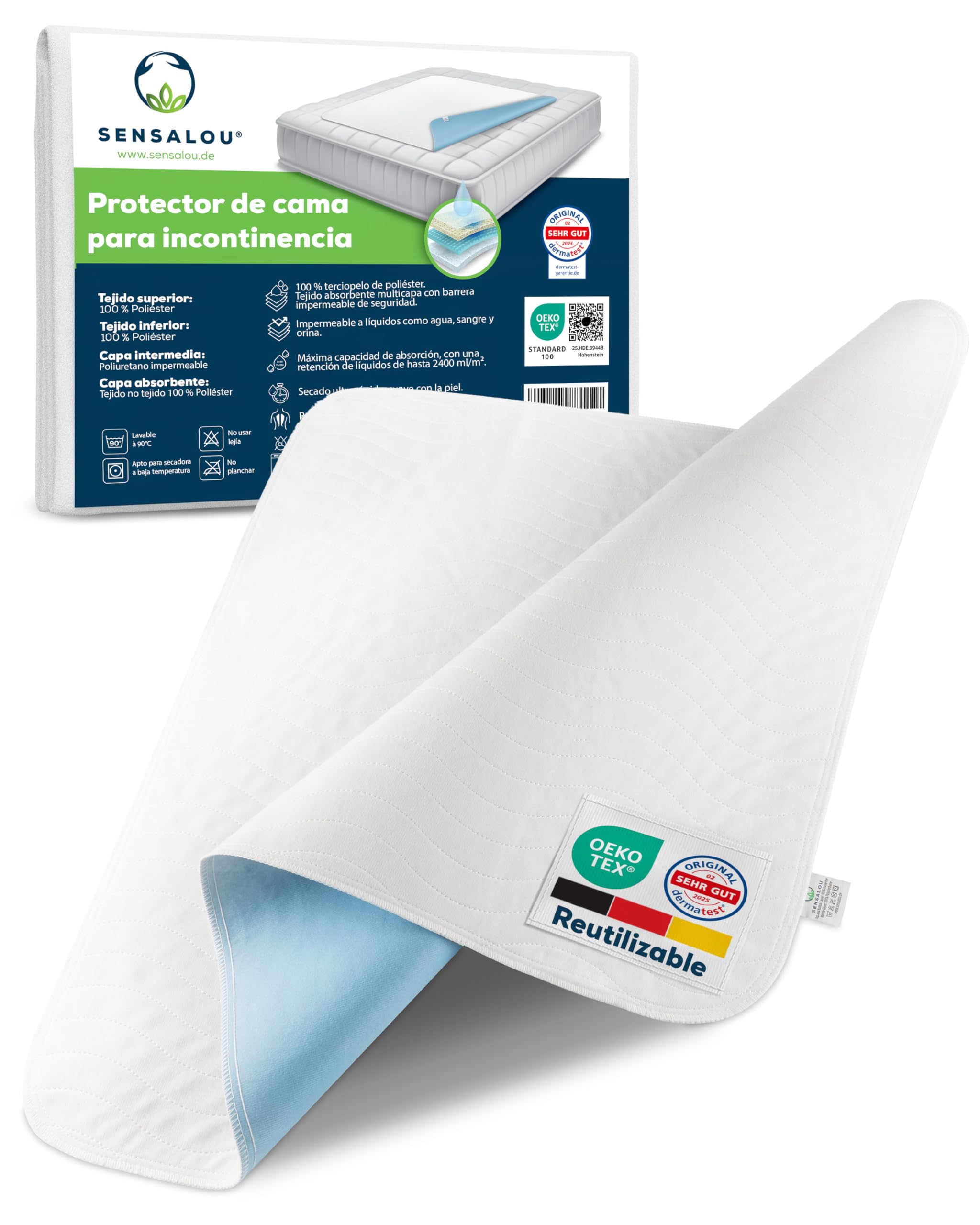 Sensalou Empapador Cama Lavable 75x90 cm – Pack de 2 Protectores Impermeables Reutilizables – Protección Higiénica para Incontinencia, Bebés, Adultos y Personas Mayores – Oeko-Tex