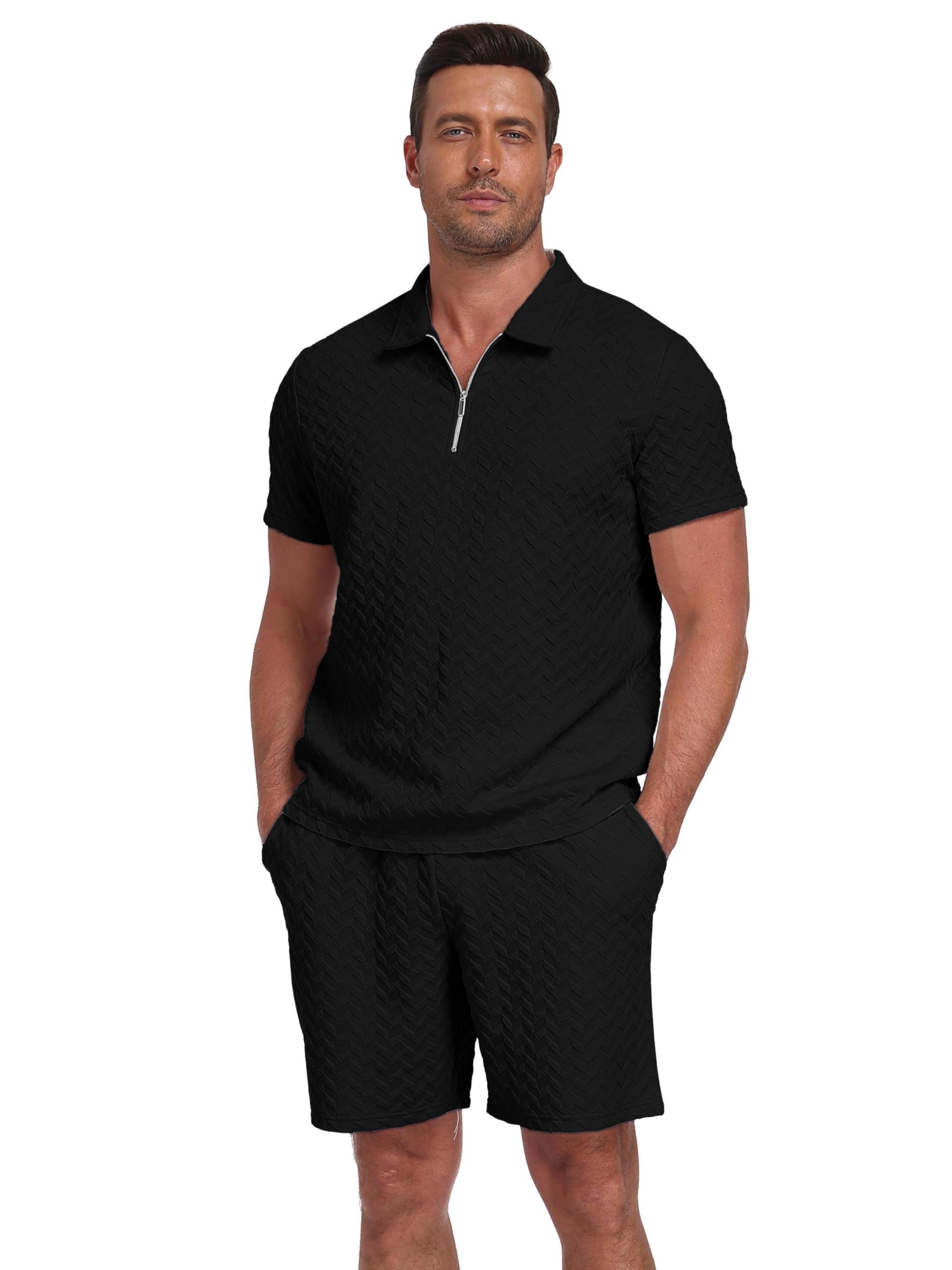 QIXING Survêtement 2 pièces pour homme - Short d'été et t-shirt avec demi-fermeture éclair - Polo - Survêtement pour homme
