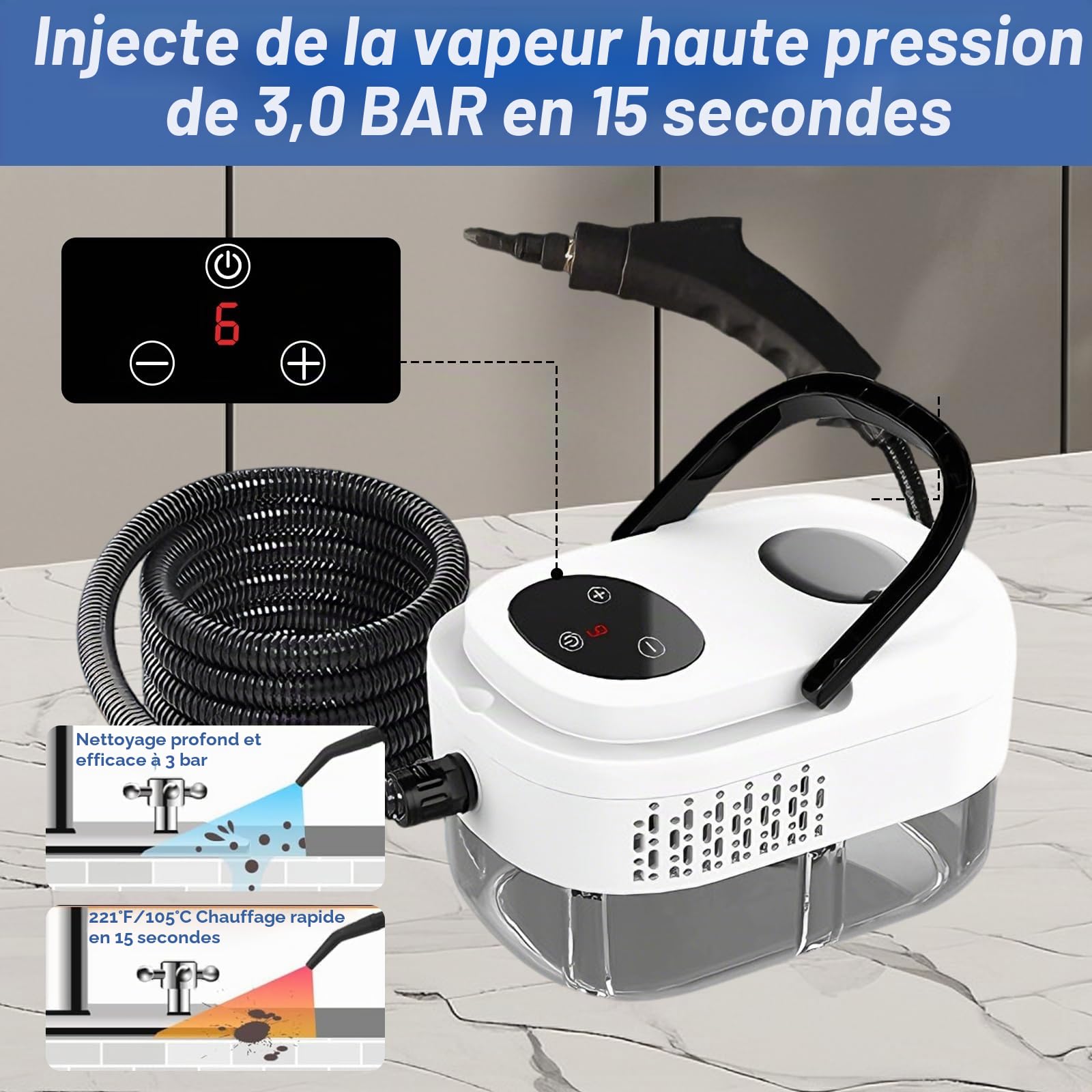 Nettoyeur Vapeur 2500W, 3.0BAR Multi-usage Nettoyant Vapeur avec 3 Têtes de Brosse, 1000ML Réservoir d'eau de Grande Capacité, Steam Cleaner pour les Meubles de Cuisine, Salle de Bain