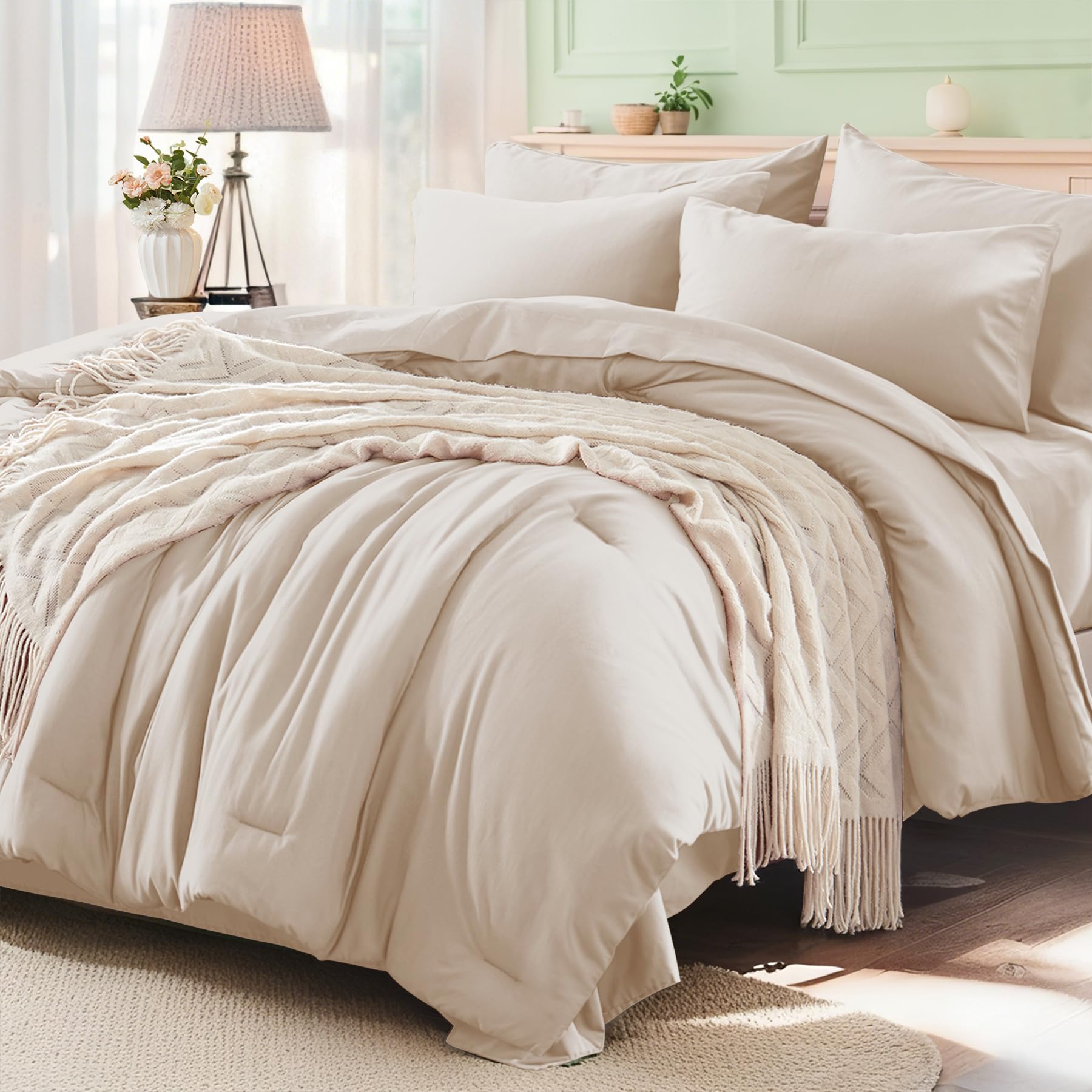 Anluoer Beige Queen Comforter Set 7 Pieces, Bed in a Bag with Sheets, All Season Bedding Sets with 1 Comforter, 2 Pillow Shams, 2 Pillowcases, 1 Flat Sheet, 1 Fitted Sheet