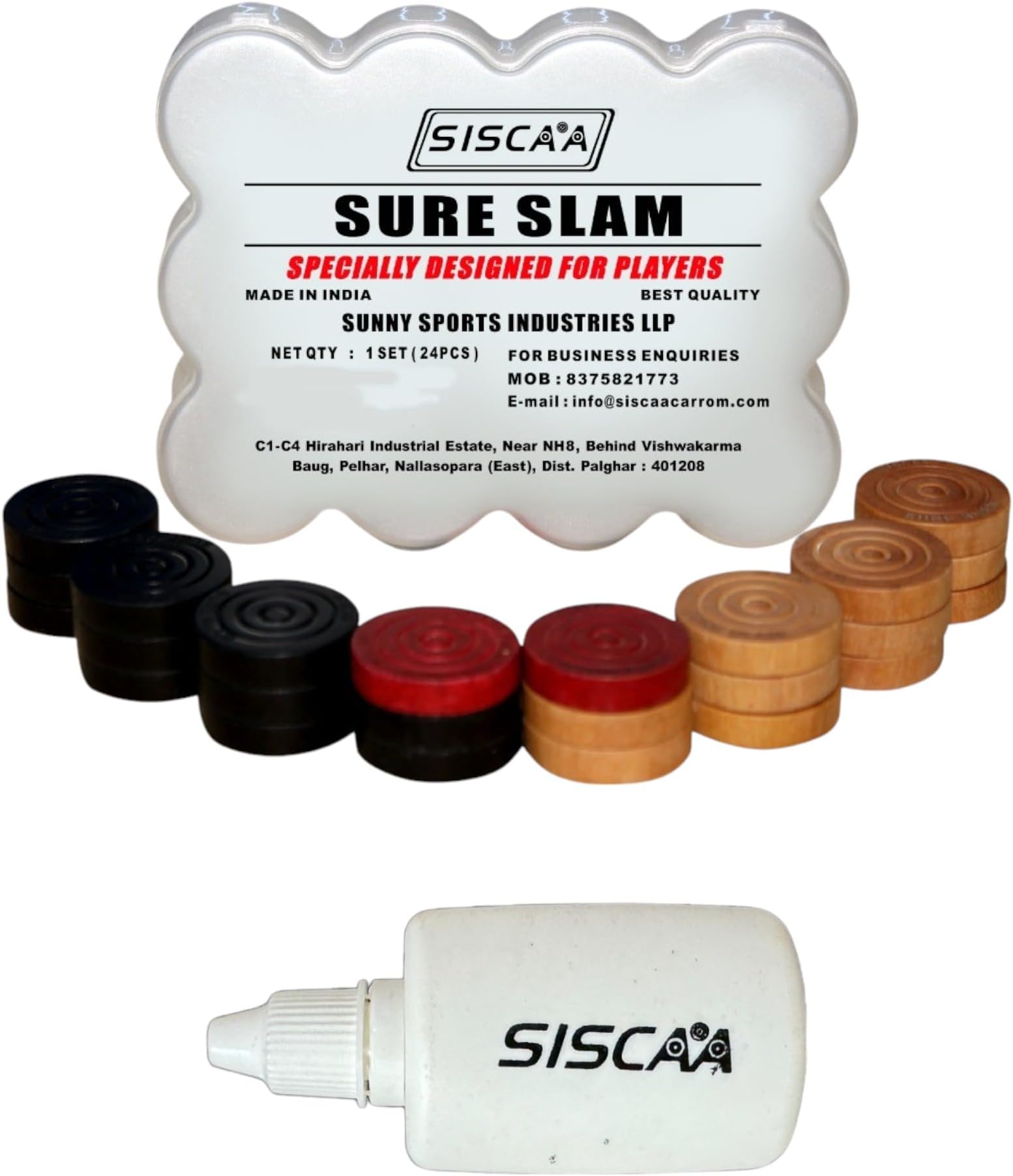 Siscaa Sureslam Carrom Board Coins Set - 11 Black, 11 Yellow, 2 Red Coins - Includes Siscaa Ultra 30 Grams Non-Toxic Powder - Ideal for Player and, Tournament and Clubs - Siscaa Sure Slam