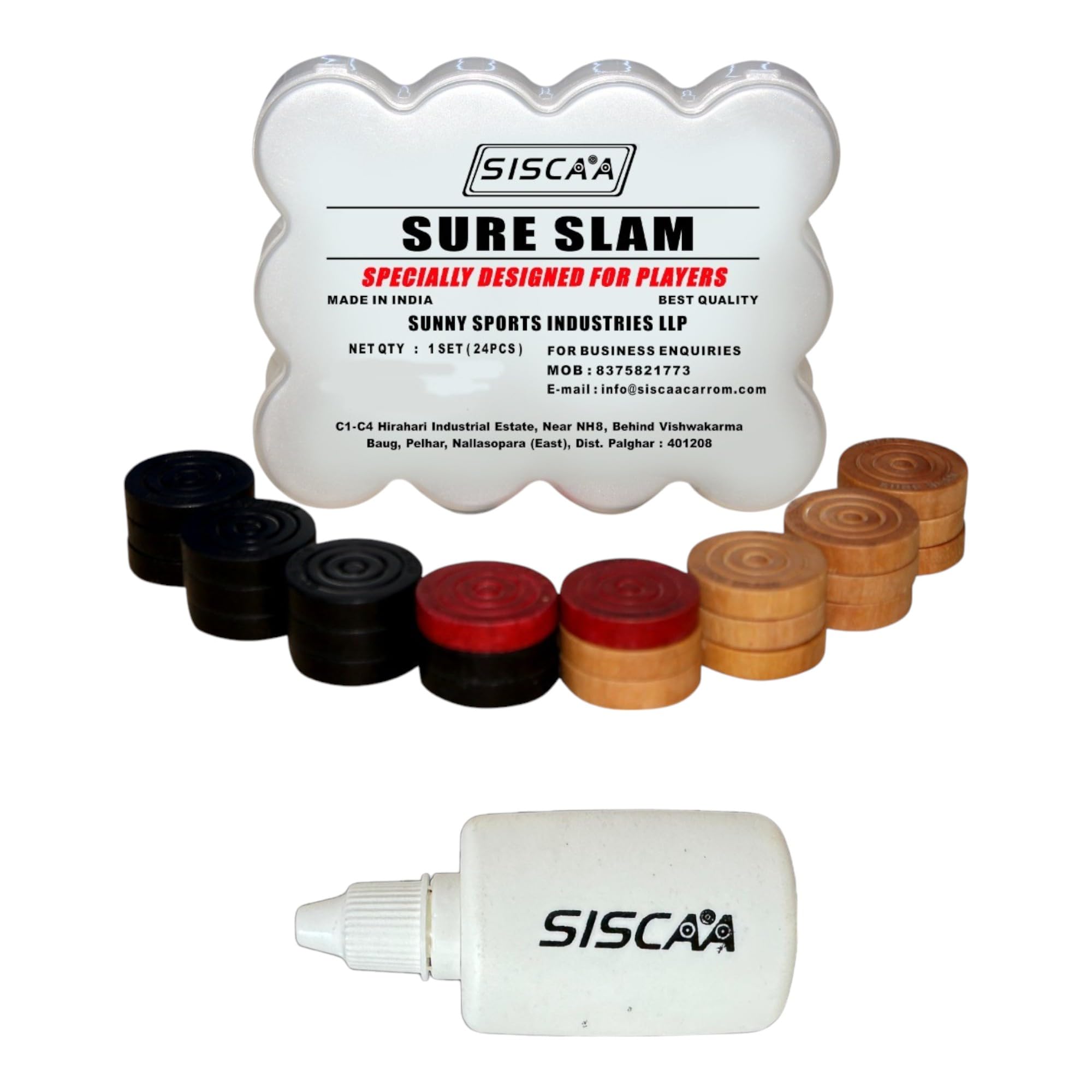 Siscaa Sureslam Carrom Board Coins Set - 11 Black, 11 Yellow, 2 Red Coins - Includes Siscaa Ultra 30 Grams Non-Toxic Powder - Ideal for Player and, Tournament and Clubs - Siscaa Sure Slam