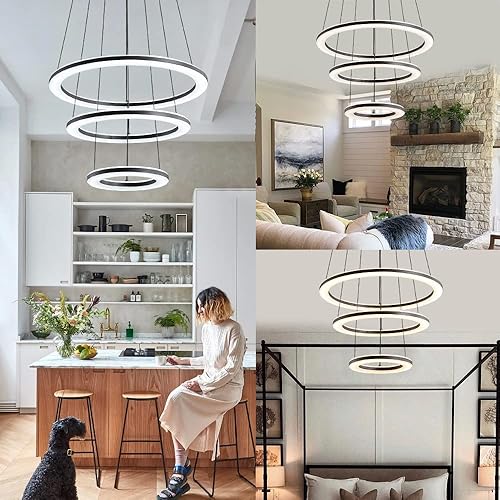 Miniatura 8 de O'NEELDY Lámpara colgante regulable de 3 anillos para comedor, 56 W, color negro, moderna lámpara de araña con entrada remota con cable de 47