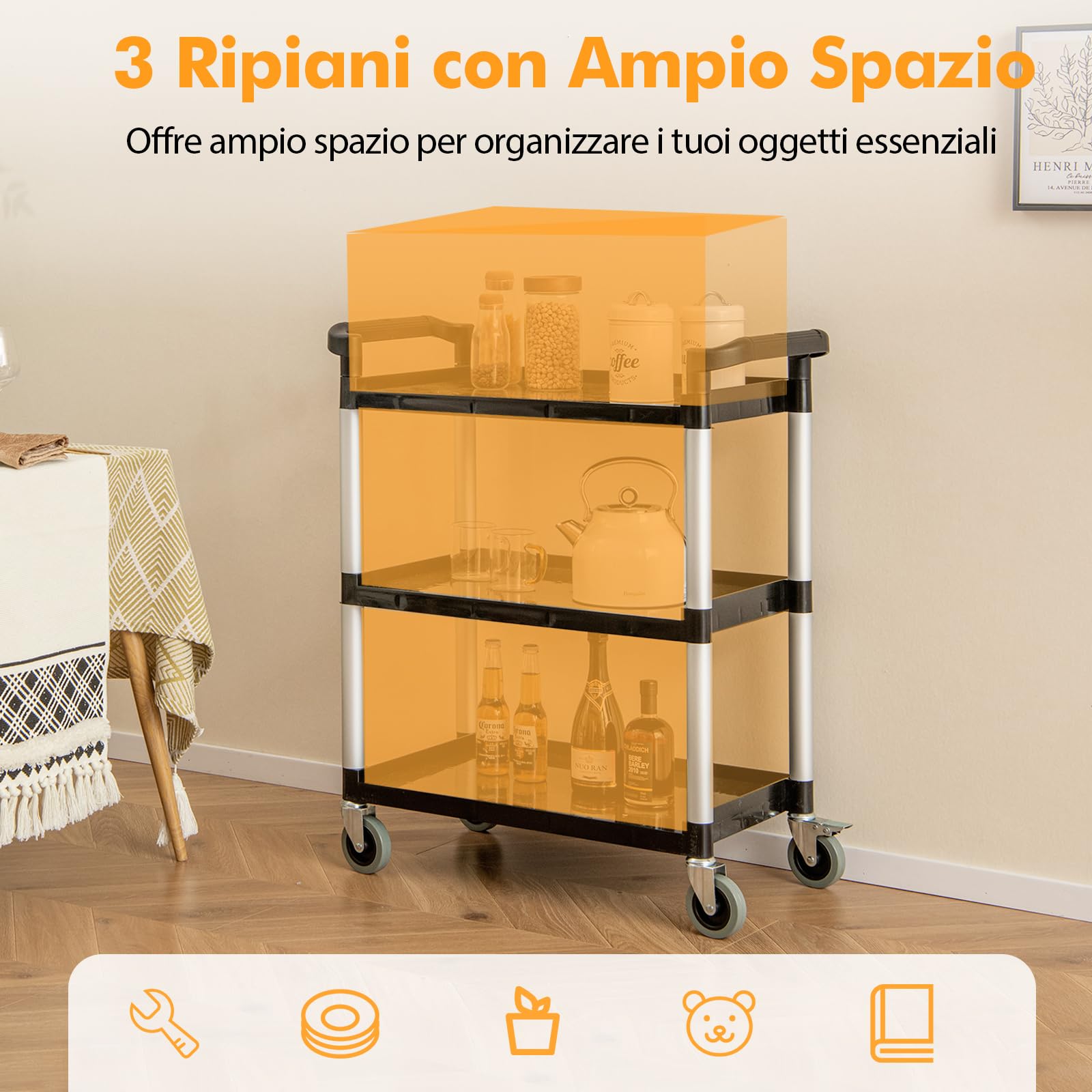 RELAX4LIFE Carrello di Servizio a 3 Livelli, Carrello in Alluminio con Ruote Universali e Bloccabili, Mobile per Cucina, Soggiorno, Ristorante, Hotel, Ufficio
