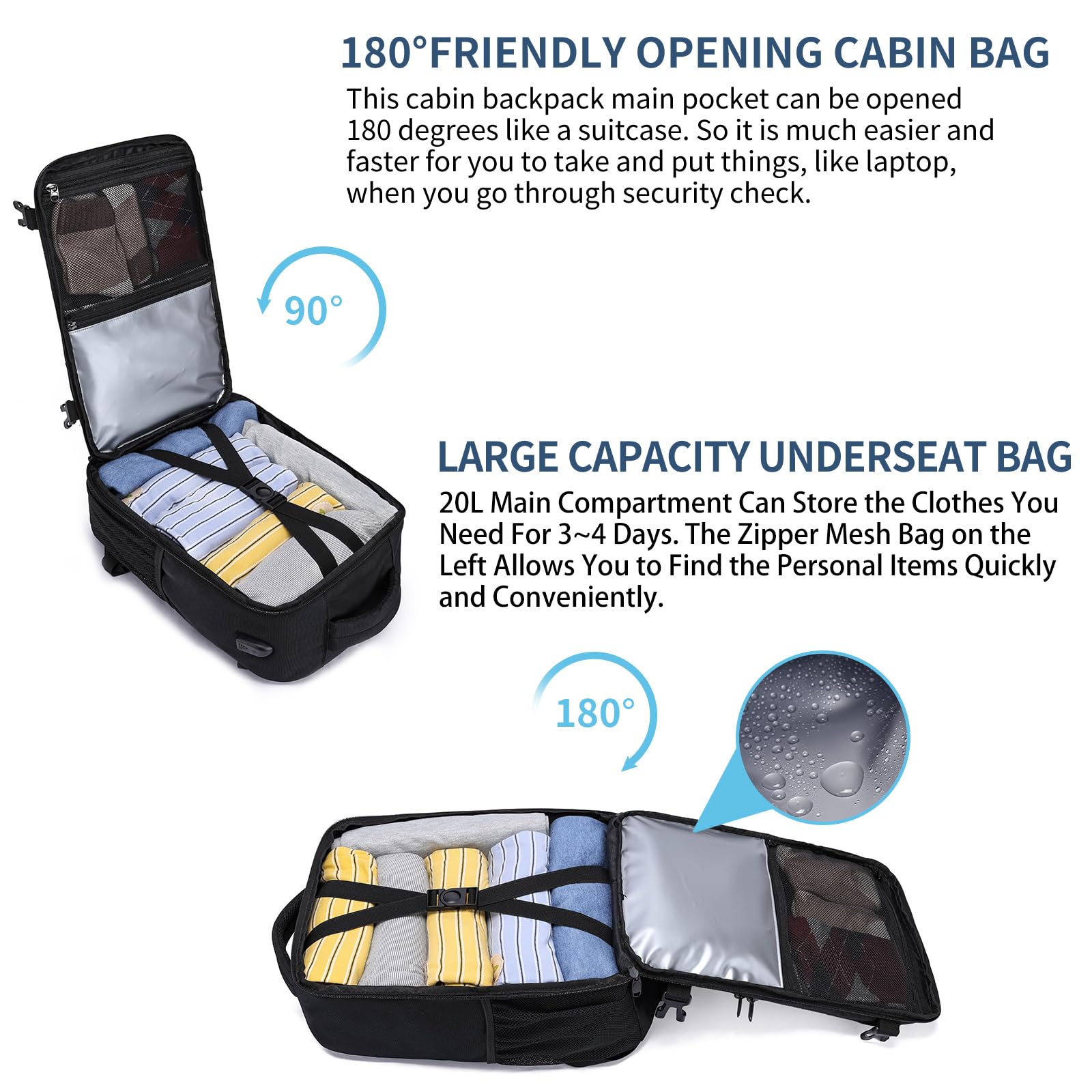 Torby kabinowe pod siedzenie, plecak podróżny, rozmiar kabiny, plecak do samolotu, bagaż podręczny, torba do samolotu, torba lotnicza z portem ładowania USB, Czarny-S, Ryanair 40x20x25cm(20L), Casual