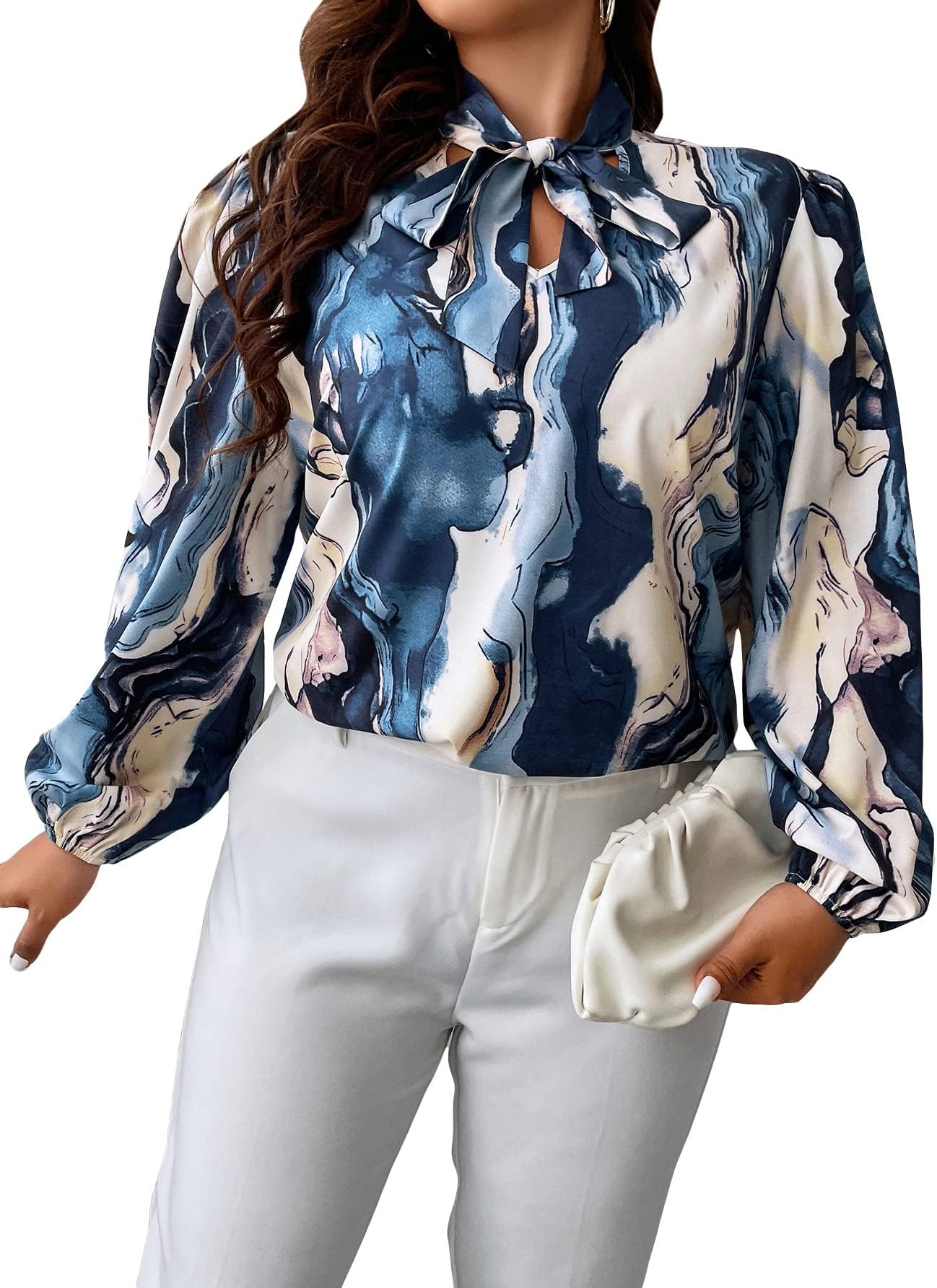 GORGLITTERWomen's Plus Size Marble Print Tie Neck Long Lantern Sleeve Office Blouses Tops