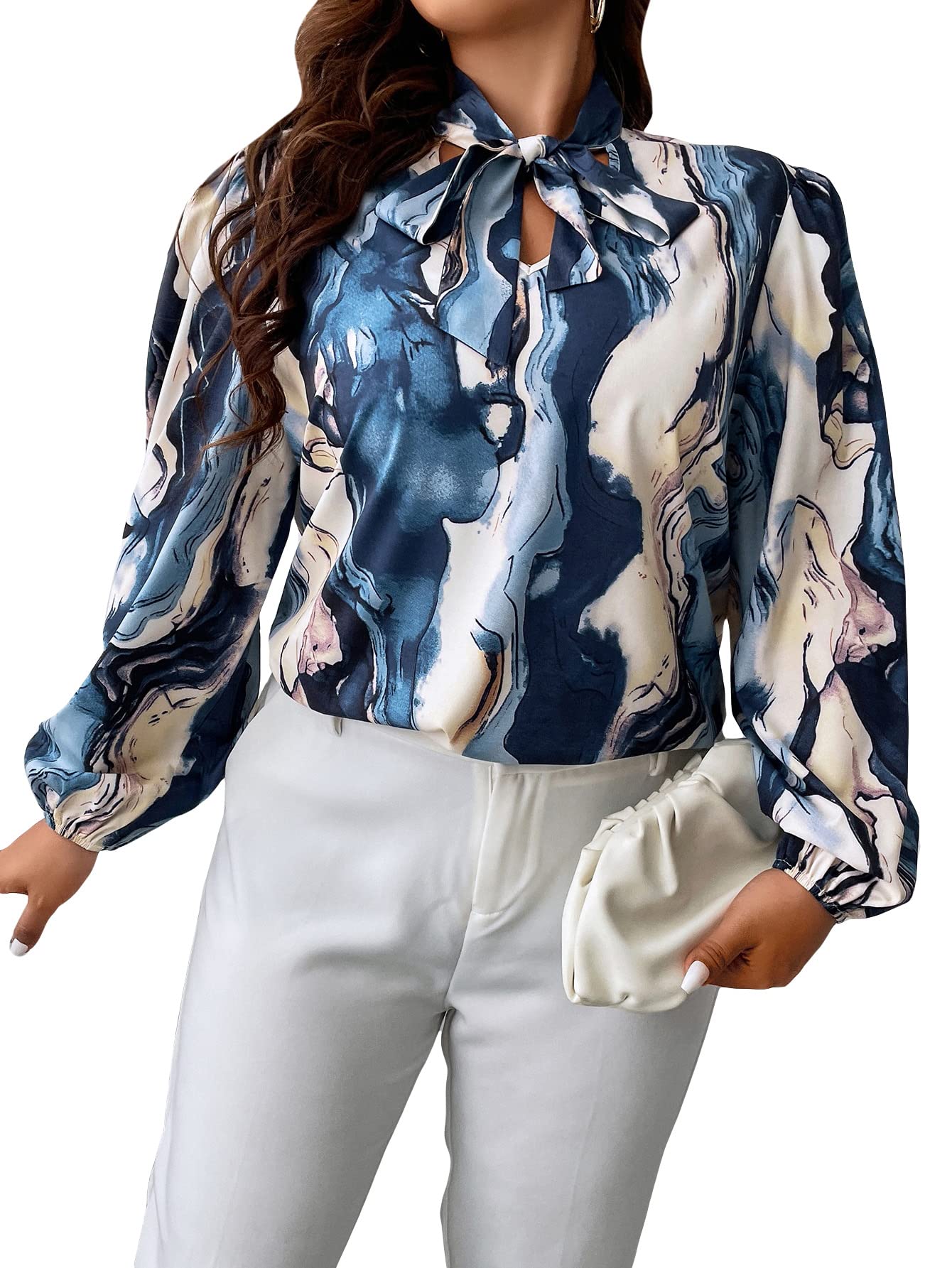 GORGLITTERWomen's Plus Size Marble Print Tie Neck Long Lantern Sleeve Office Blouses Tops
