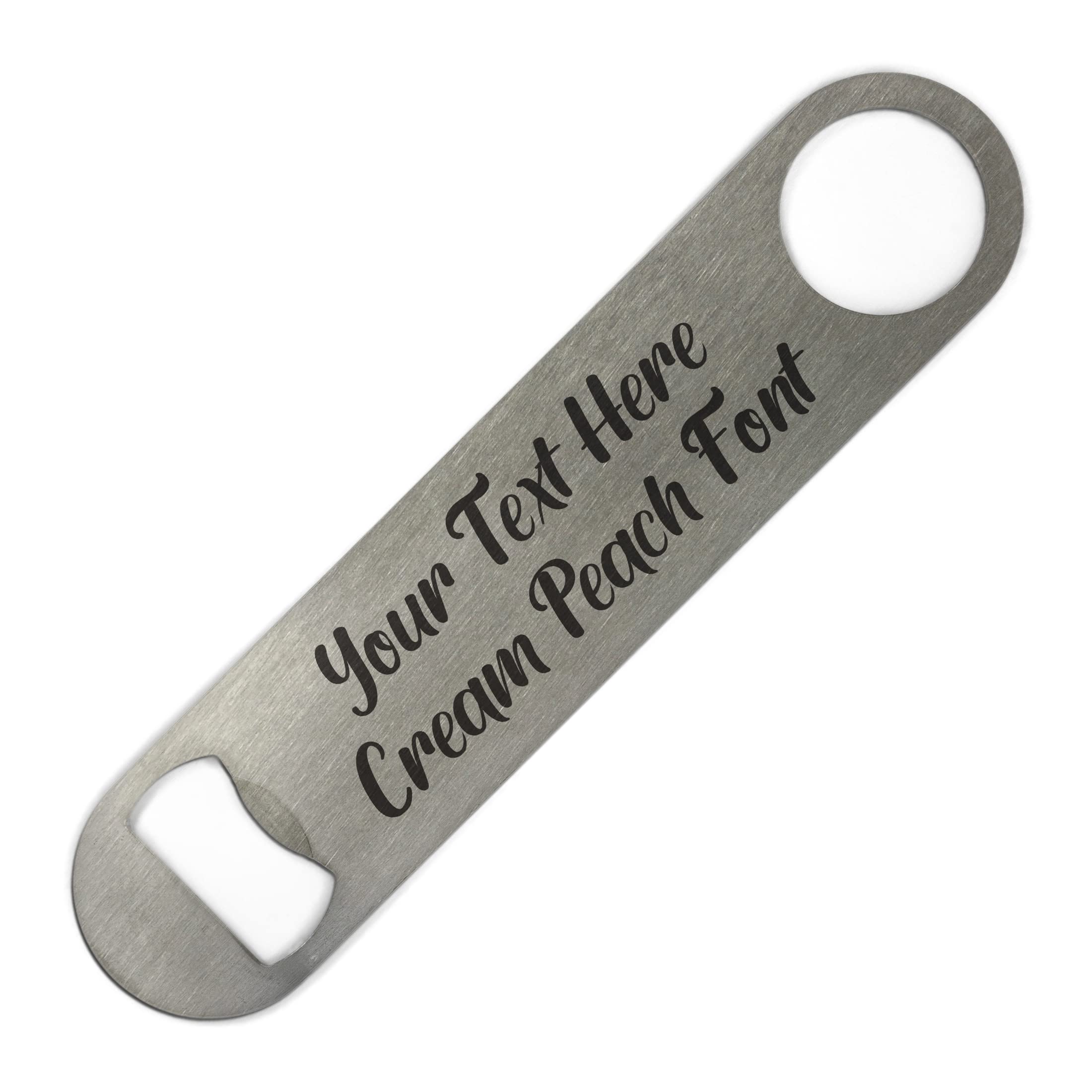 ShopQuality4U Personalised Stainless Steel Bar 18cm/7" Blade Bottle Opener Printed with Any Message That Does Not Fade or Wash Off - Enter Your Own Custom Text Cream Peach Font Double Sided