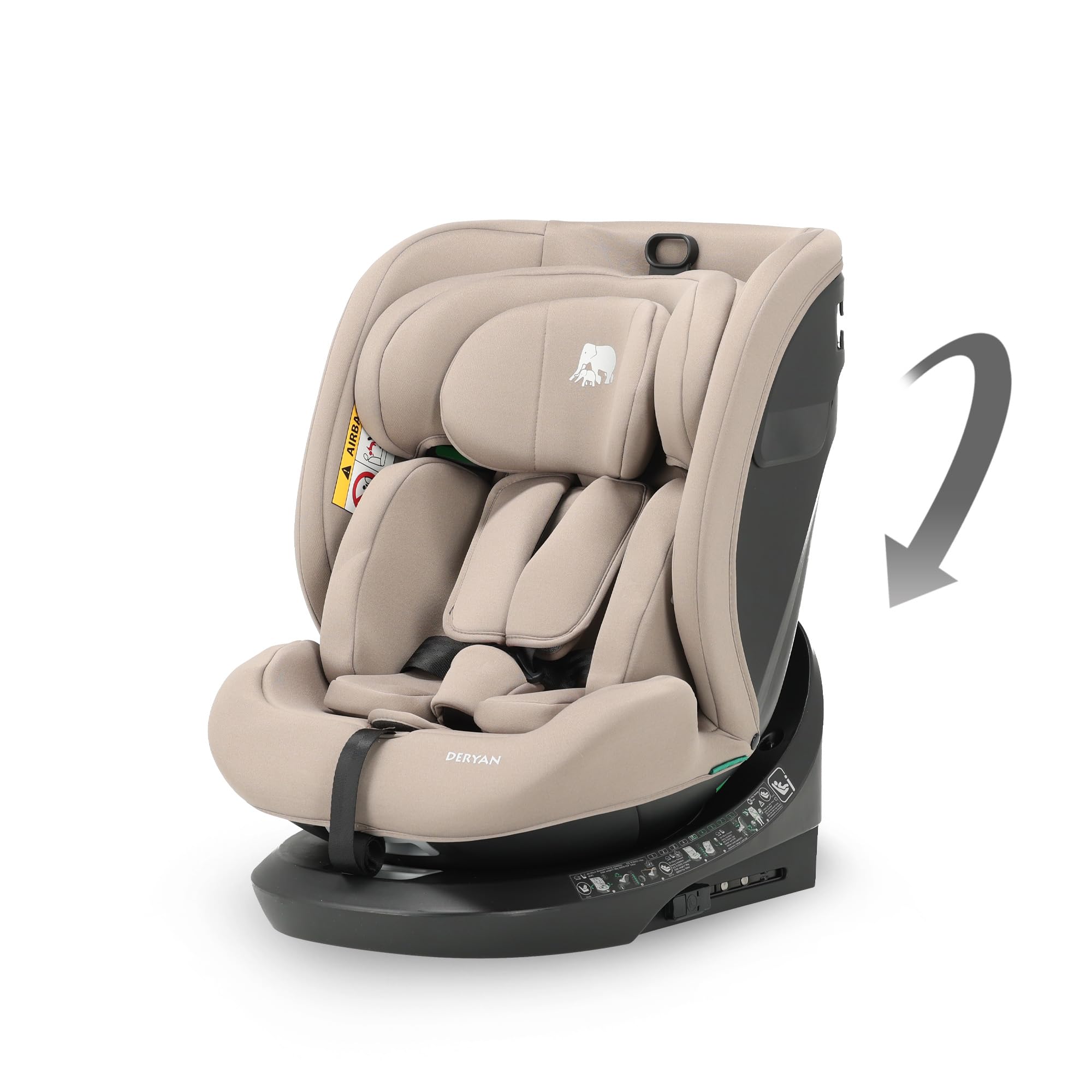 Deryan Cassie i-Size Rotazione 360, Seggiolino Auto 40-150 cm, 0-12 anni (0-36 kg), ISOFIX con Top Tether, Seggiolino Reclinabile 6 Posizioni, 10 Posizioni Poggiatesta, Tessuti Traspiranti (Torrone)