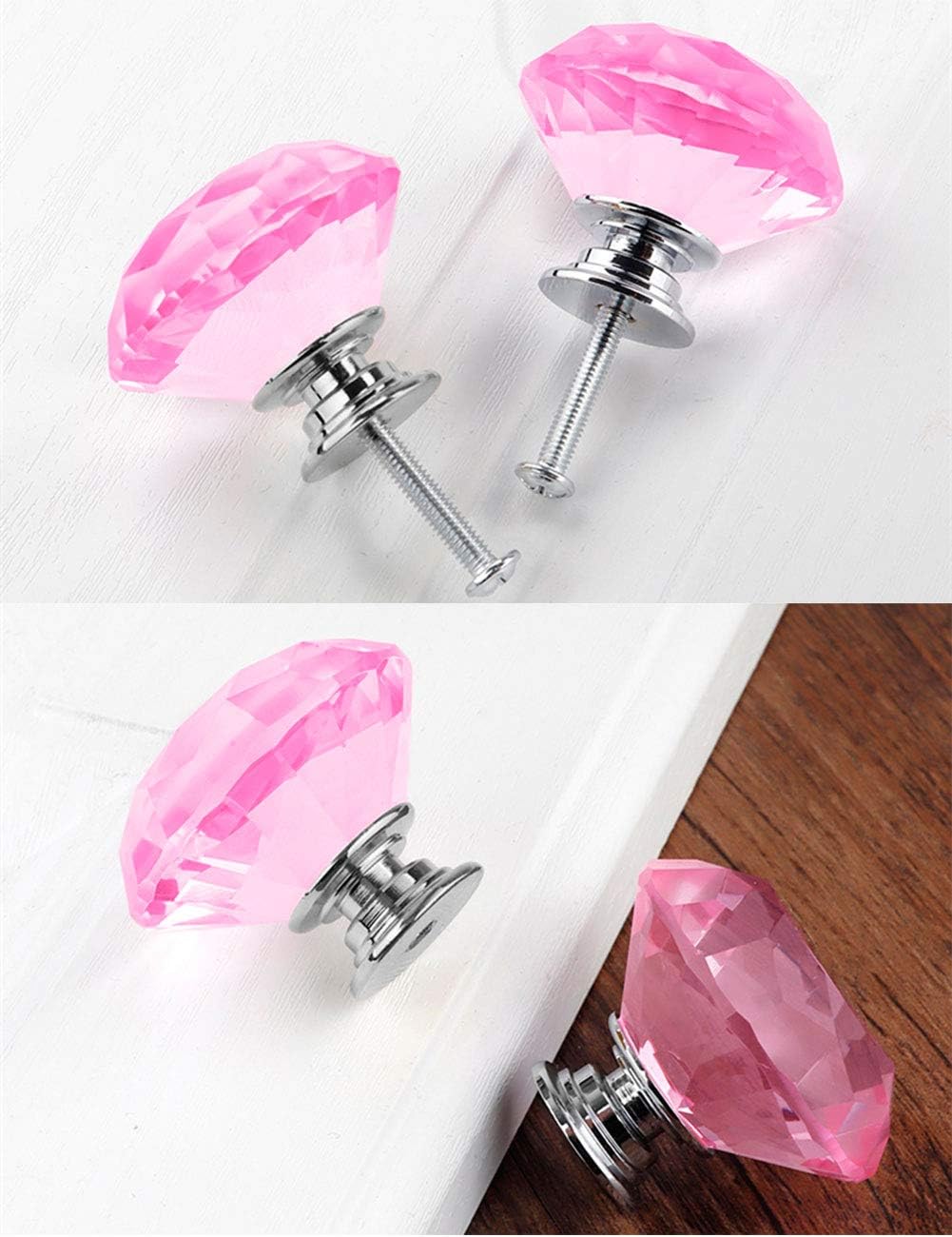 Crystal Glass Cabinet Knobs, 30mm Diamond Shape Drawer Pulls Handles, White Clear Crystal Glass Cabinet Knobs for Kitchen Cabinets Dresser Cupboard Wardrobe Pulls Handles(Pink, 10 Pack