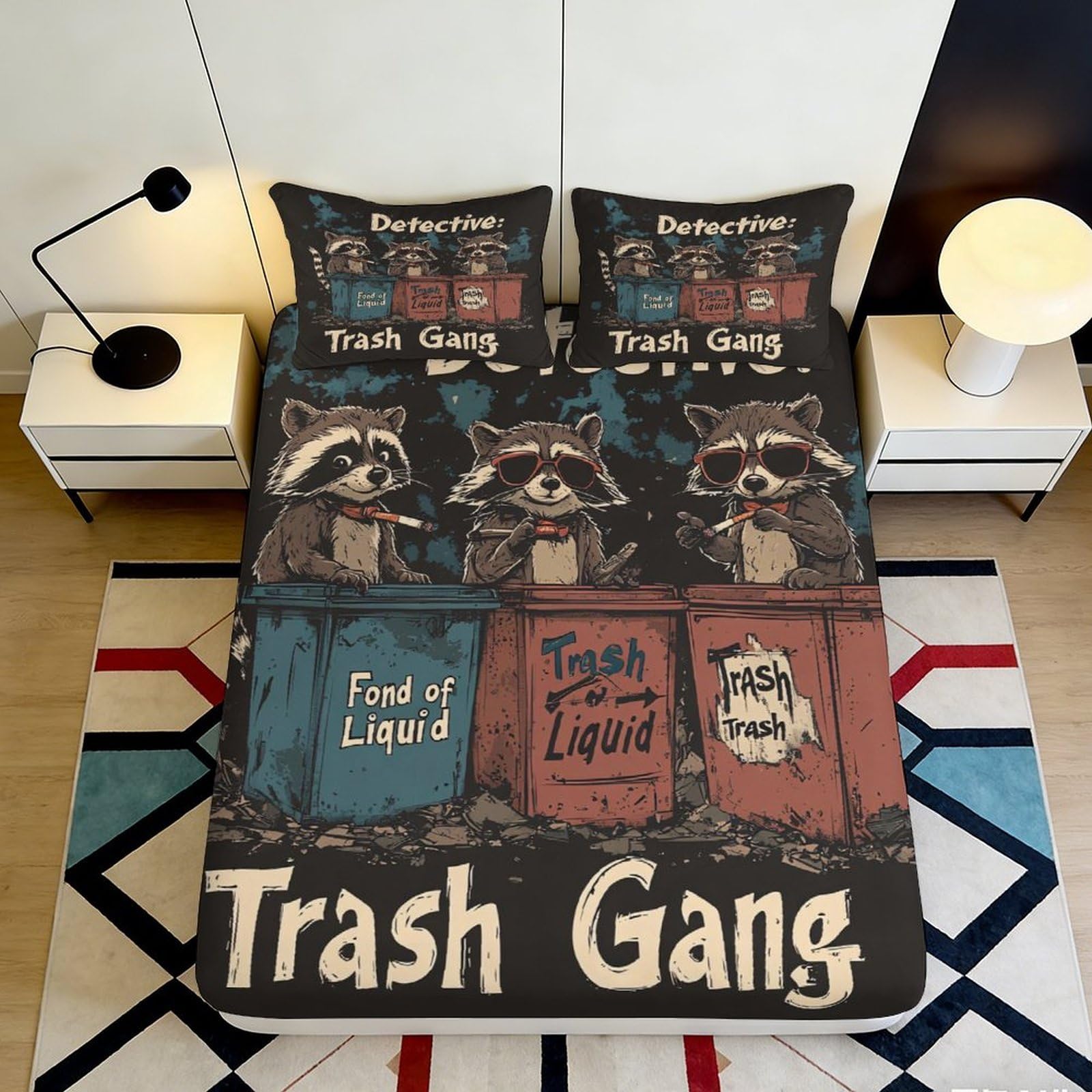 3D Printed Cartoon Raccoon Fitted Sheet Microfiber Soft Anti-Slip Trash Bin Mattress Cover Bedroom Decor 90x200x25cm