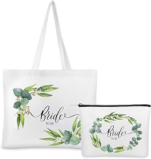 Weewooday 2 Pcs Bride Gifts Bride Tote Bag with Makeup Bag Set Bride Wedding Canvas Tote Cosmetic Bag for Girls Women Wedding Day Engagement Bridal Party shower Travel Gift