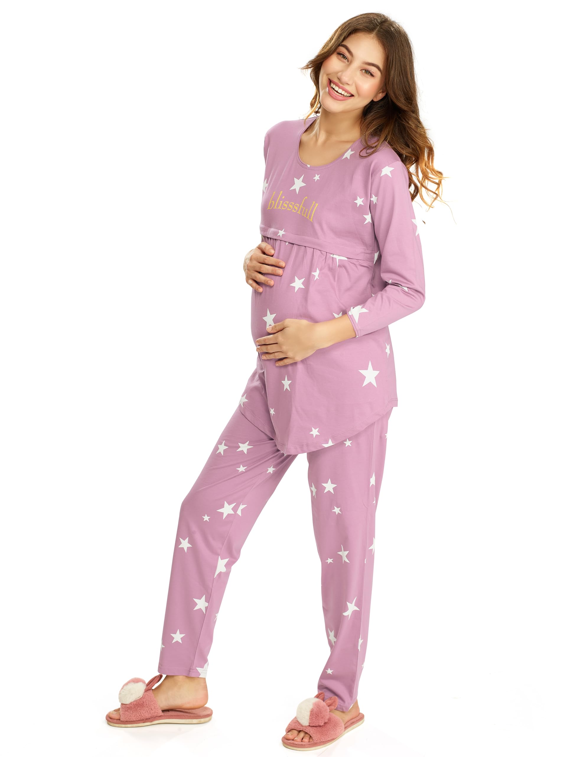 LOTIK Women's Cotton Onion Star Print Maternity & Feeding Night Suit Set 1023-Large, Pink - Image 4 thumbnail