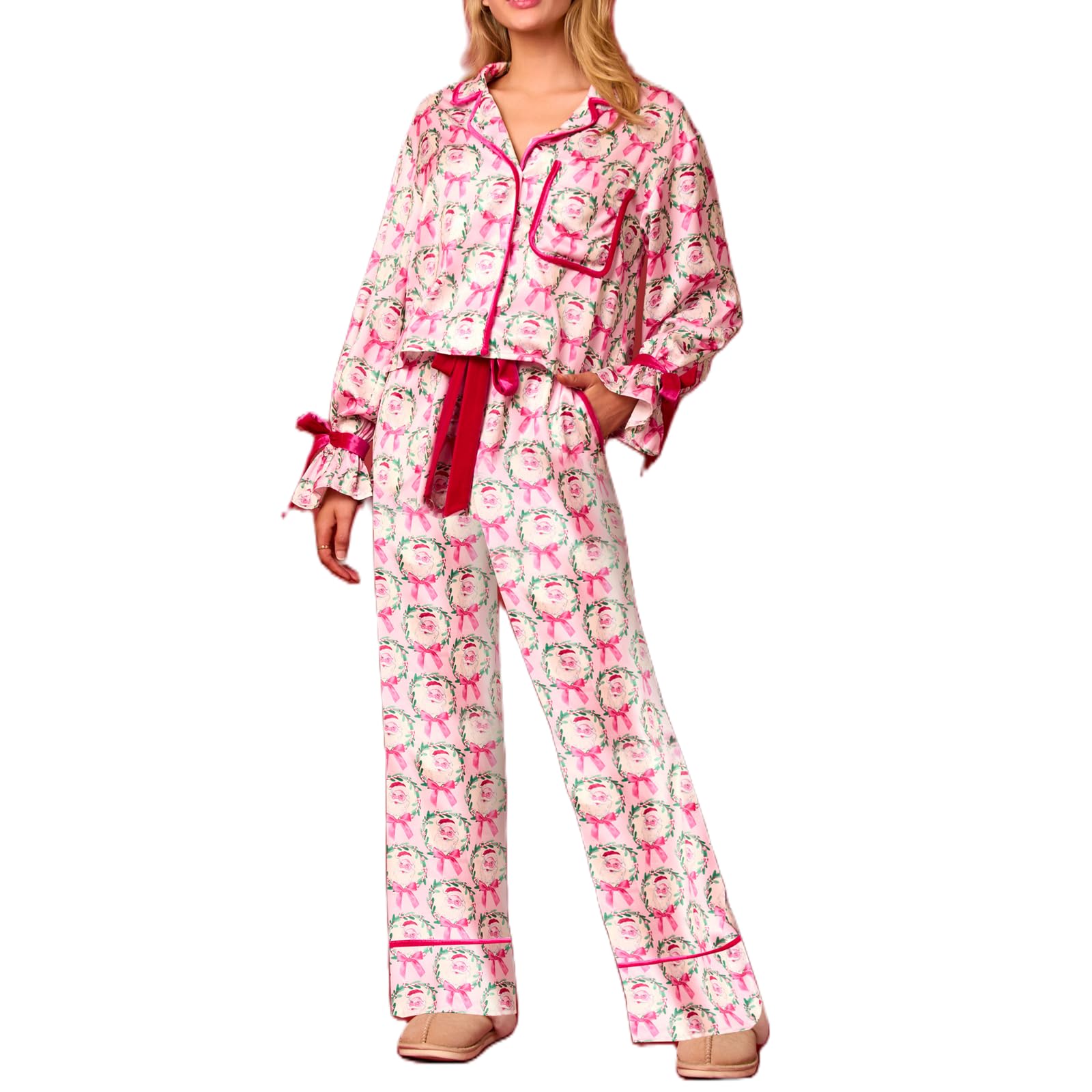 Yoisdtxc Women Satin Silk Christmas Pajamas Set Cute Santa Claus Pjs Button down Shirt and...