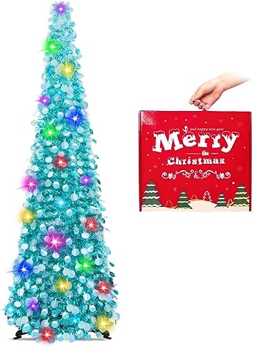 MACTING Árbol de Navidad desplegable de 5 pies con 50 luces LED, plegable, fácil de montar, árbol de lápiz de oropel con purpurina costera para el