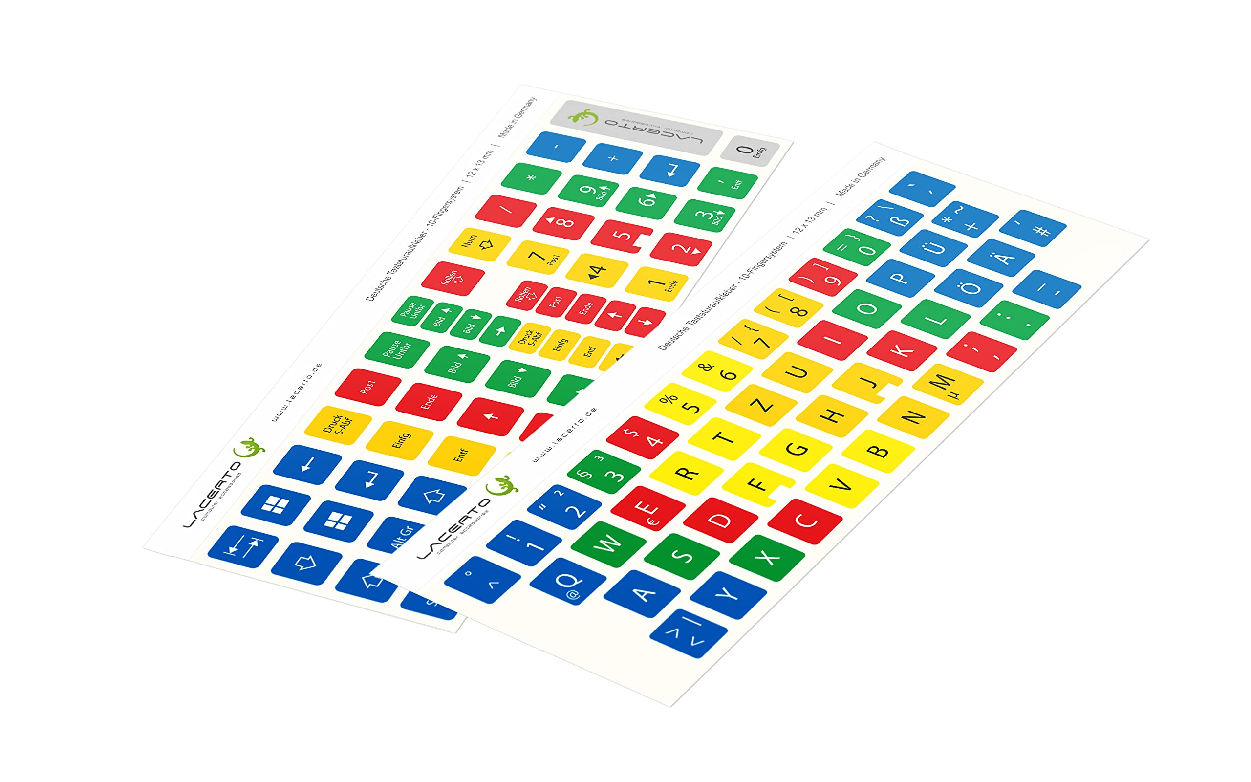 Pegatinas de teclado alemán de 12 x 13 mm con código de color (sistema de 10 dedos) – Juego que incluye bloque numérico y teclas adicionales – para ordenador de sobremesa y portátil –